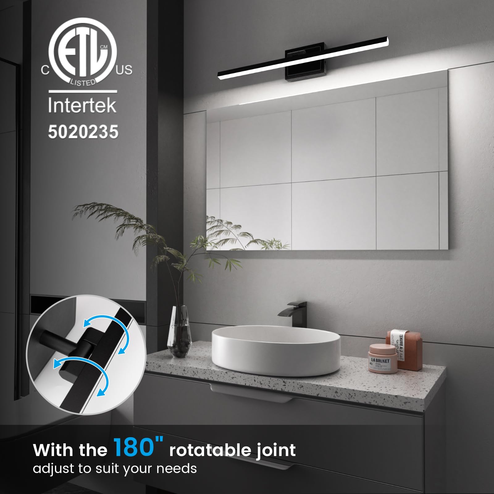 VOLISUN 24" Modern Bathroom Vanity Light, 14W Dimmable LED, Rotatable, Black, ETL Certified, Model 21316ZM