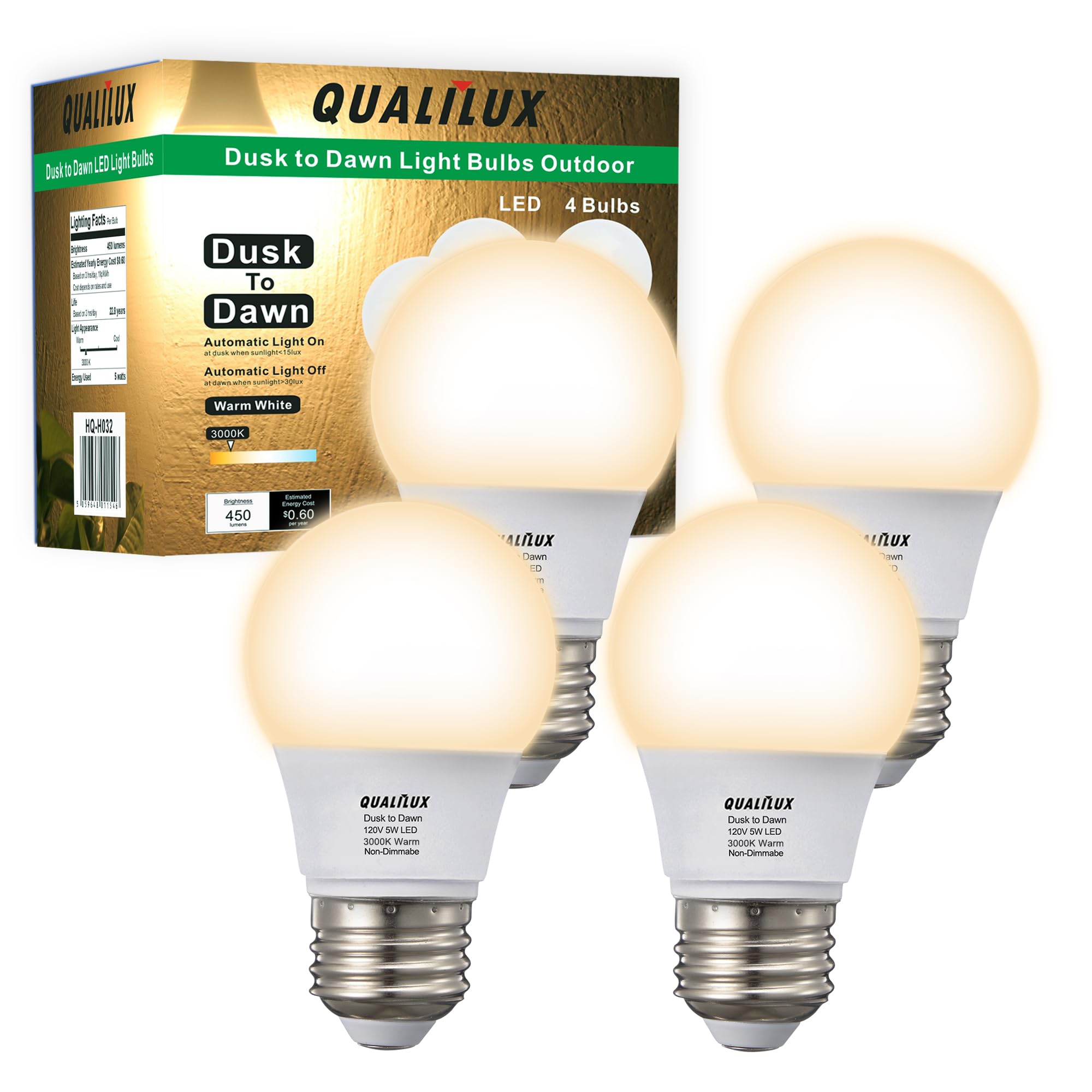 Qualilux A15 Small Dusk to Dawn Light Bulbs Outdoor 450LM  Warm White  5W=40W  Auto On/Off Non-Dimmable Replacement LED Bulb for String Lights  Porch  Patio  Garden  E26 Base  4-Pack  HQ-H032