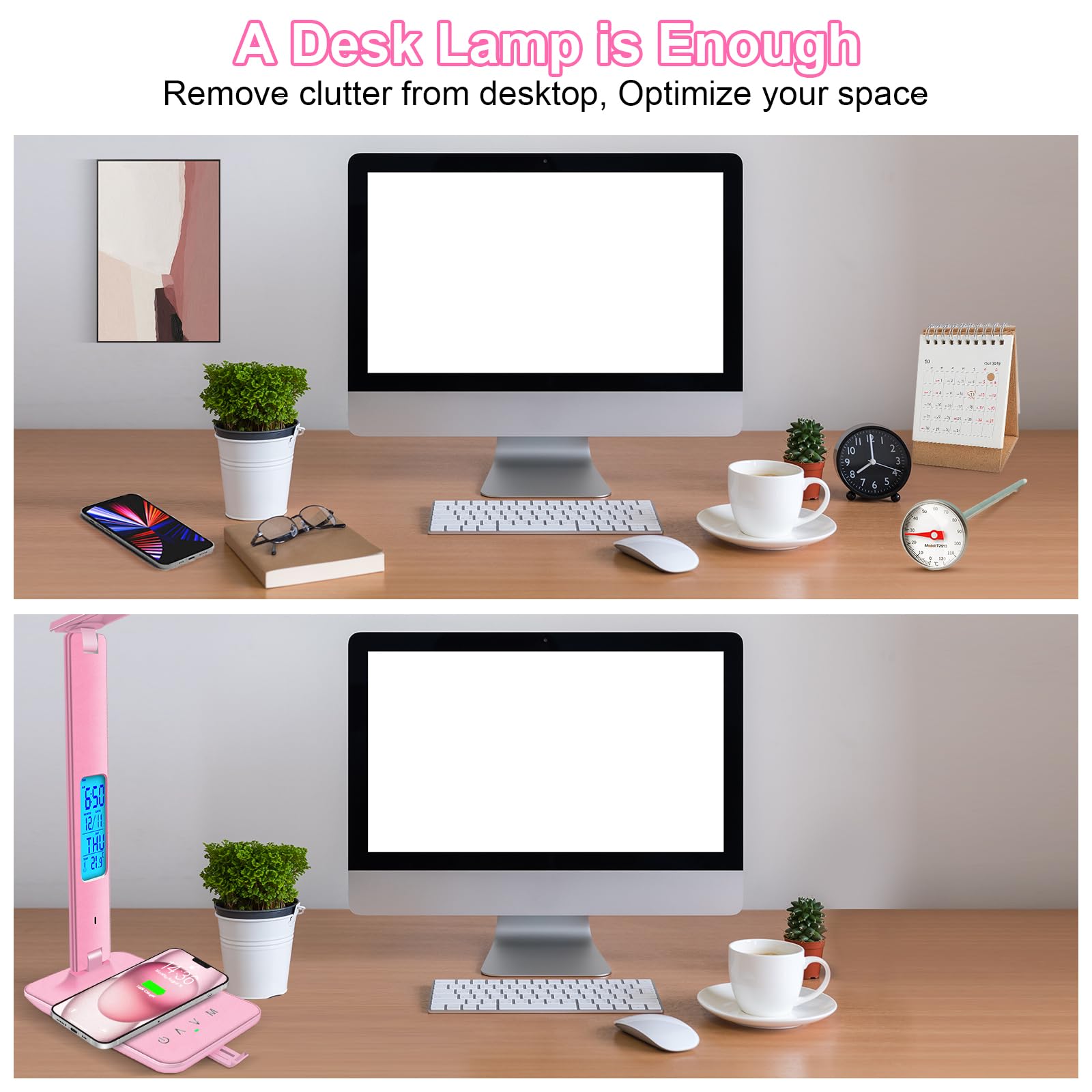 Snsok Desk Lamp With Wireless Charger, Usb Charging Port, Dimmable Office Desk Light With Clock, Alarm, Date, Temperature, Foldable Lamp For Table Bedroom Bedside Office (Pink)