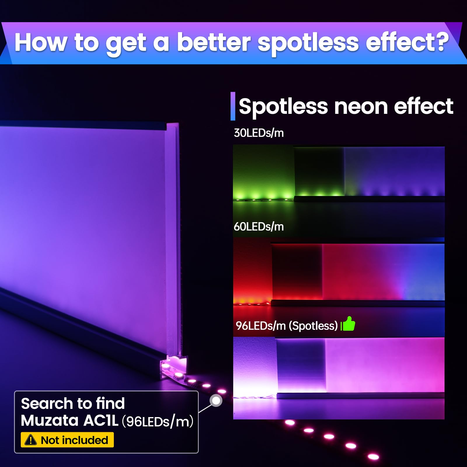 Muzata 2Pack 4Ft/1.2M Spotless Aluminum Led Baseboard Lighting Frosted Led Strip Light Diffuser Neon Skirting Board Indoor Mood Lighting Baseboard Lc31