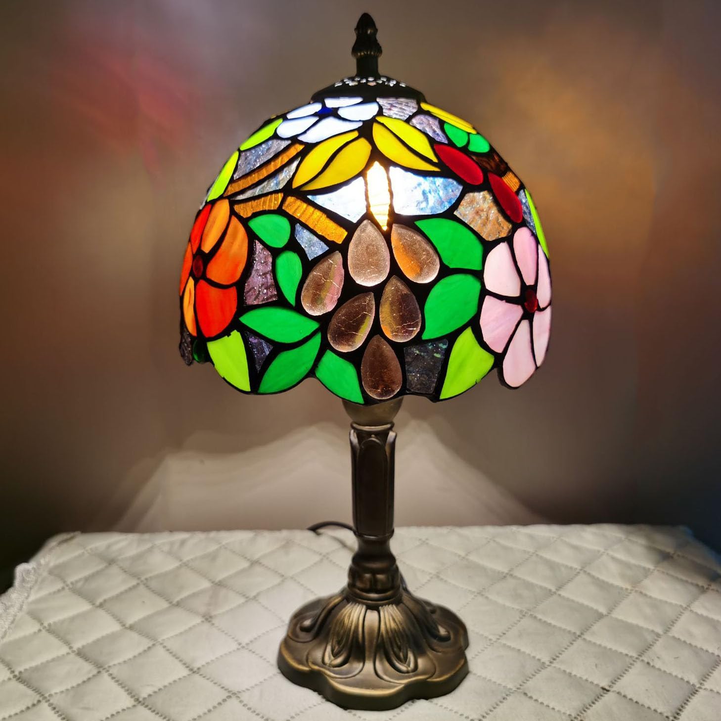 FUMAT Tiffany Small Table Lamp 3-Way Color Temperatures 8x8x15 Inch Grape Rose Model XDFNXINJIAYUAN