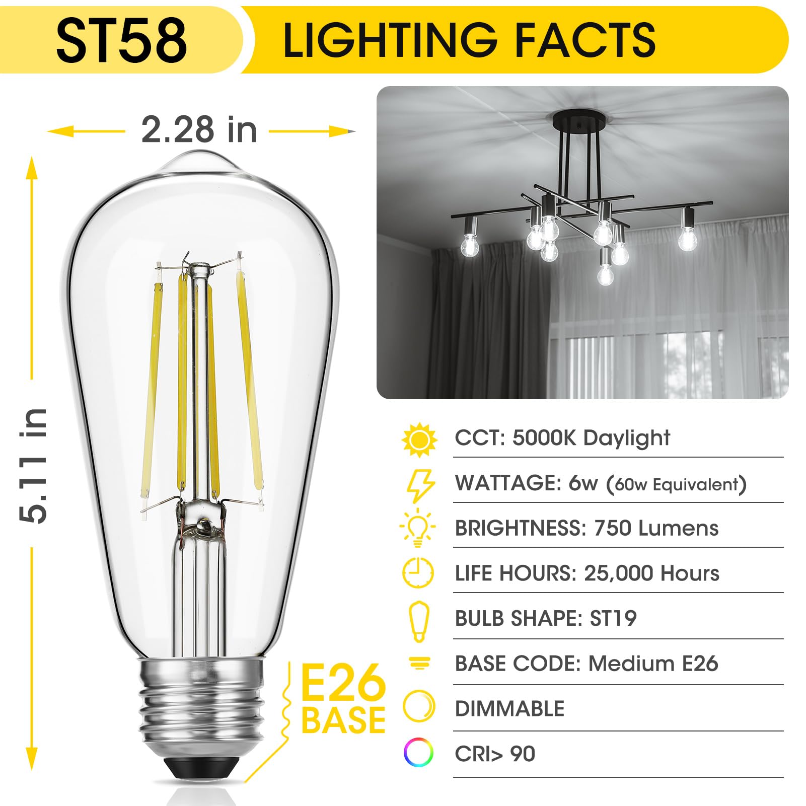 Gozelux Led Edison Bulbs, 60W Equivalent St19, Efficient 6W Led, E26 Medium Base Light Bulbs, High Brightness 750 Lumens, 5000K