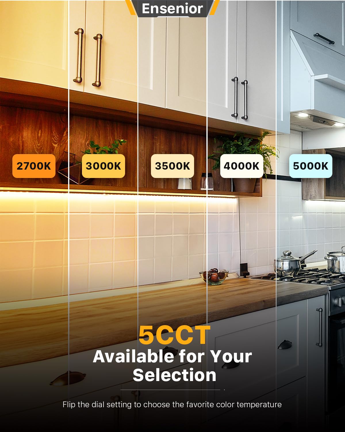 Ensenior 18 Inch LED Under Cabinet Lighting, 5CCT, Dimmable, Hardwired, Aluminum, Model CG1-18-5CCT-01-WH-TS-M
