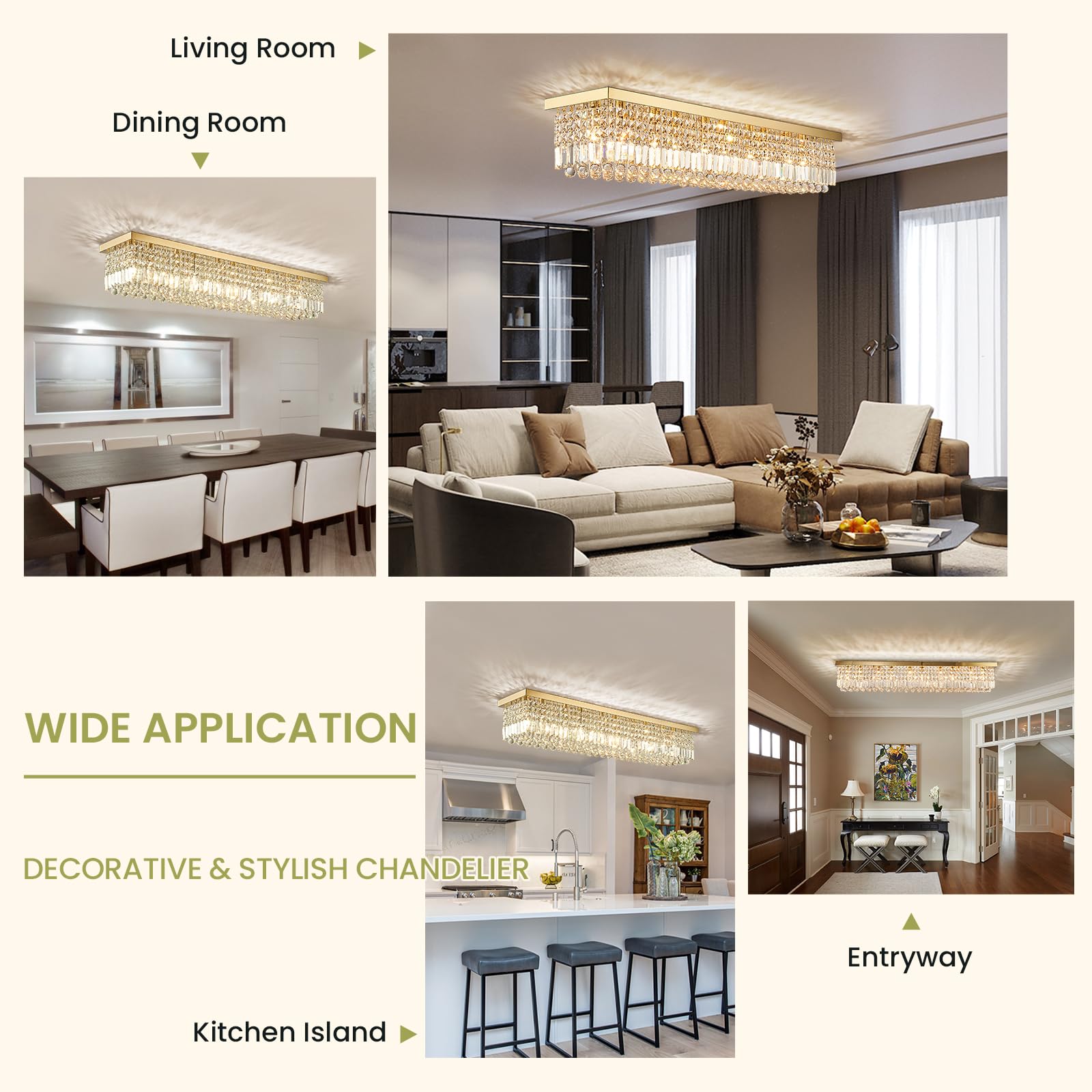 Siljoy 10-Light Crystal Chandelier, Stainless Steel, Flush Mount, 47in  x 10in  x 10in , Model HLP009-C, Luxury Gold