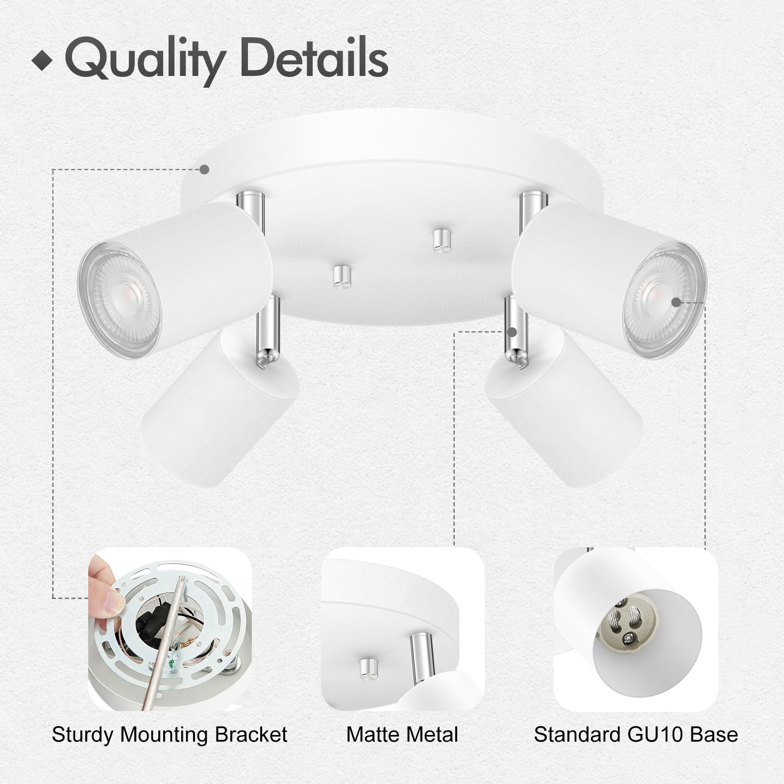 4 Light Track Lighting Fixtures Ceiling  Matte White Round Directional Ceiling Spotlight  Gu10 Flush Mount Track Fixture  Adjustable Modern Led Track Lights For Kitchen/Living Room  Bulb Not Included