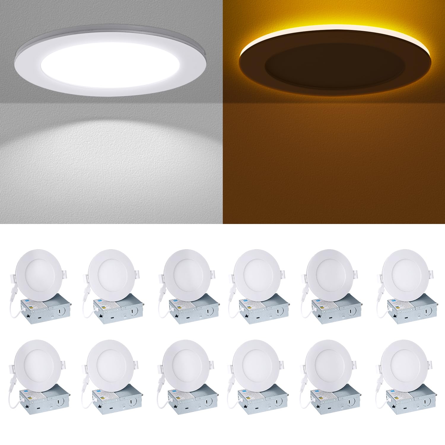 Wembanma 4 Inch LED Recessed Lighting - with Night Light, 2700K/3000K/4000K/5000K/6000K Selectable Canless Recessed Light, 9W+3W