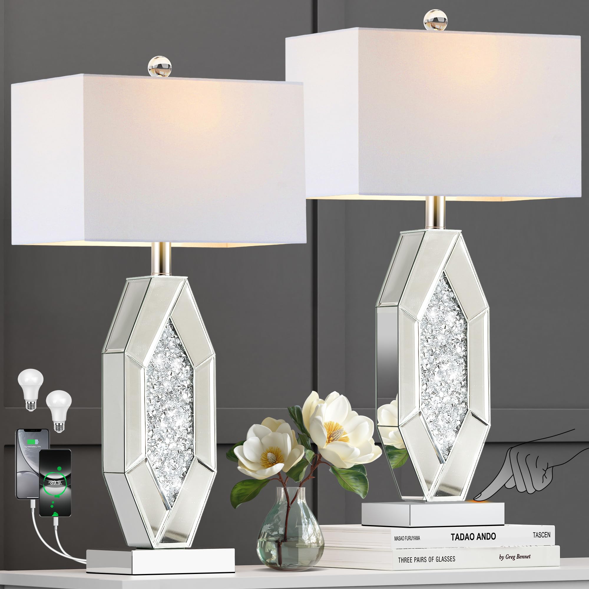 Hamucd 3-Way Dimmable Touch Diamond Crushed Mirrored Bedside Table Lamps Set of 2 for Living Room with USB A+C Ports Tall Silver Modern Bling Nightstands Lamps for Bedroom with 2 Bulbs (Chrome)