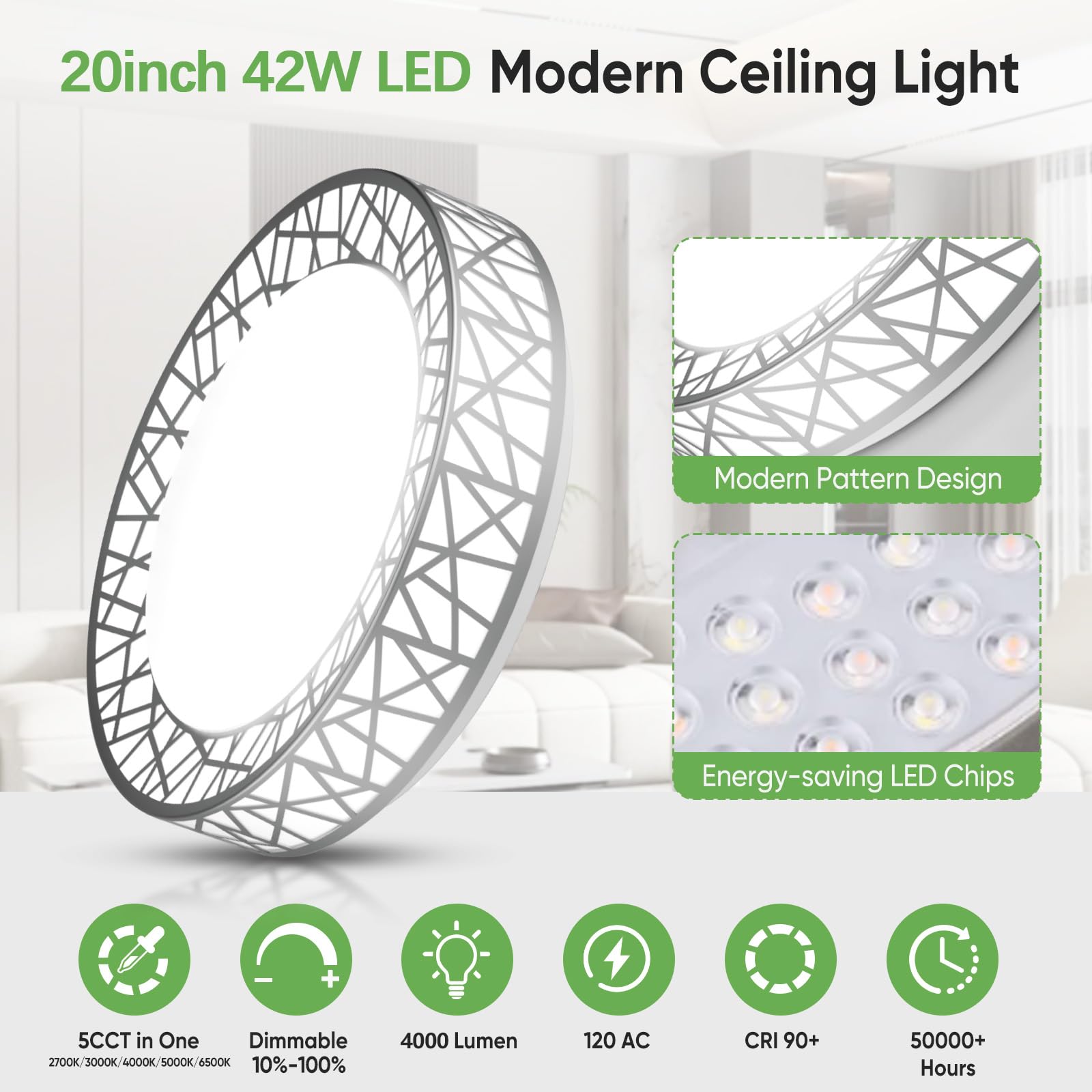 Lightania 20 Inch Flush Mount Ceiling Light, Modern Brushed Nickel Led Ceiling Light Fixture, 42W 4000Lm 2700-6500K Adjustable,