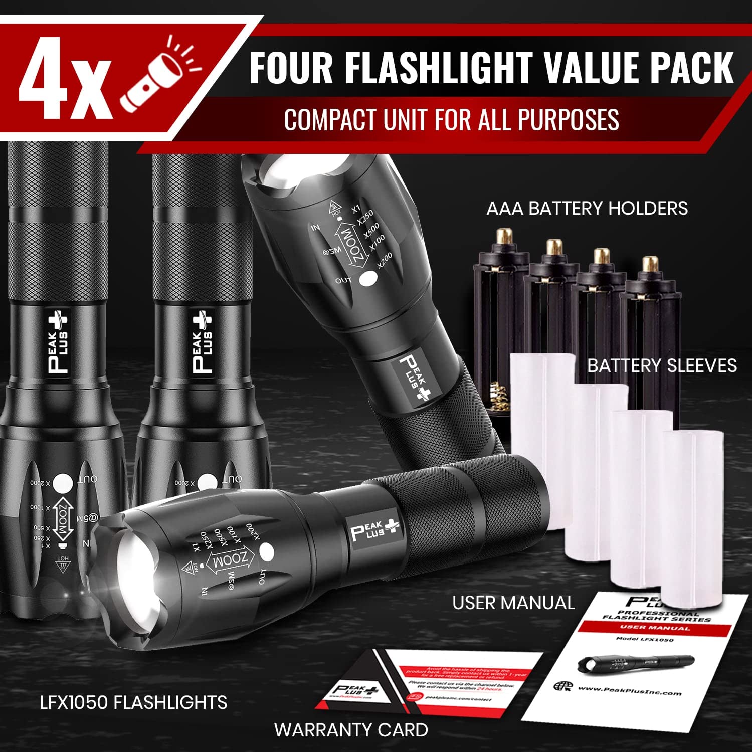 PeakPlus LED Flashlights - 4 Pack, Super Bright, Waterproof, Zoomable, Aluminum, Black, Model PPLFX10504P