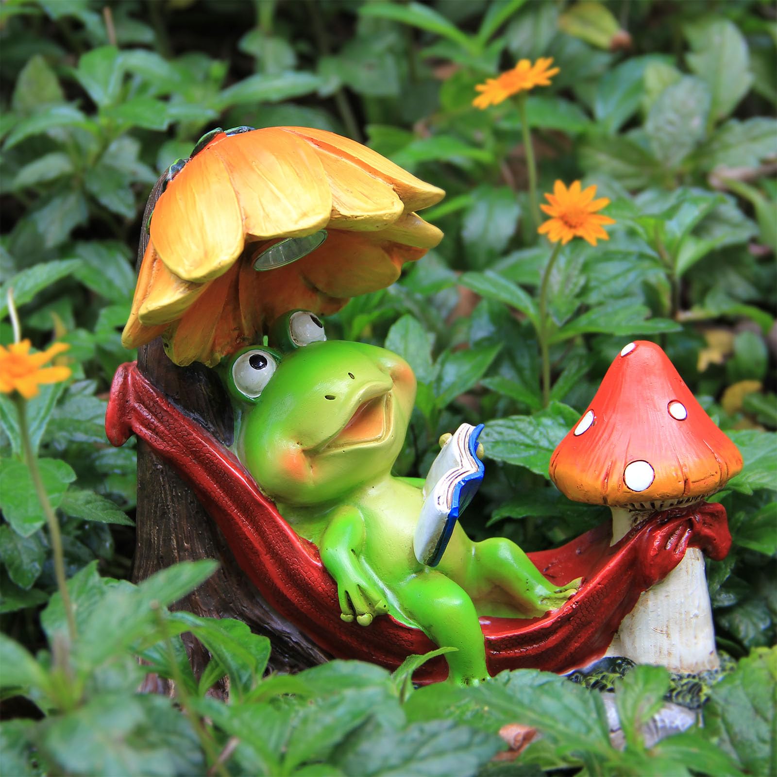 Leekung Solar Frog Garden Decor,Frog Statue With Solar Light For Outdoor Decorations,Reading Frog Figurine Garden Statues For Ou