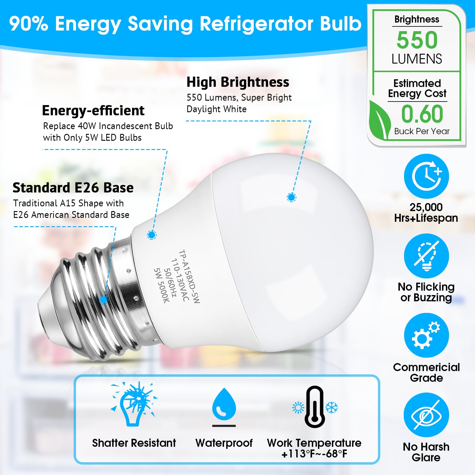 Maylaywood Led Refrigerator Light Bulb, 40 Watt Equivalent A15 Fridge Bulb Waterproof, Daylight White 5000K, 550Lm E26 Base, 5W