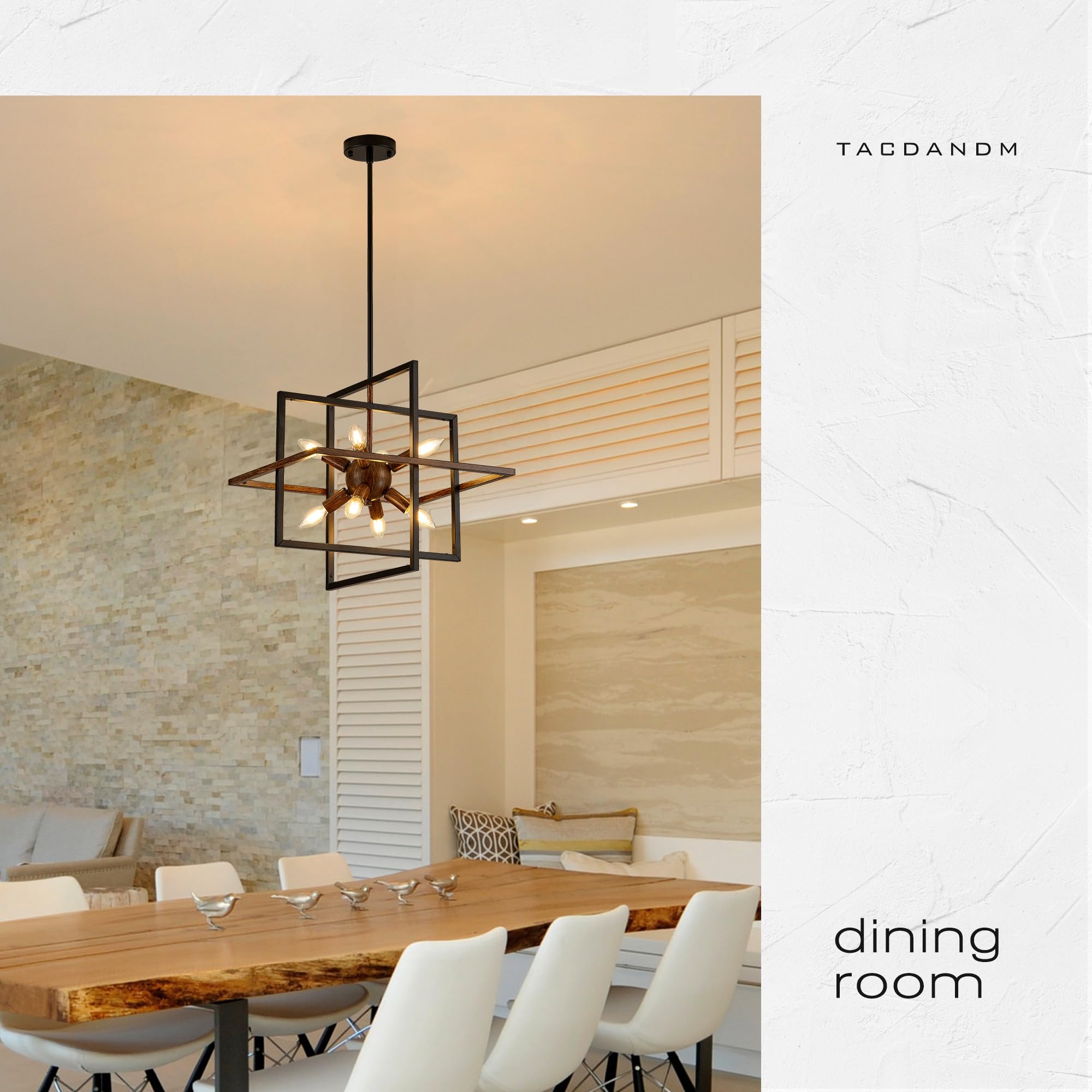 Tacdandm 8-Light Wood Grain And Vintage Black Sputnik Chandelier  18.9 Industrial Pendant Lighting Fixture For Dining Room