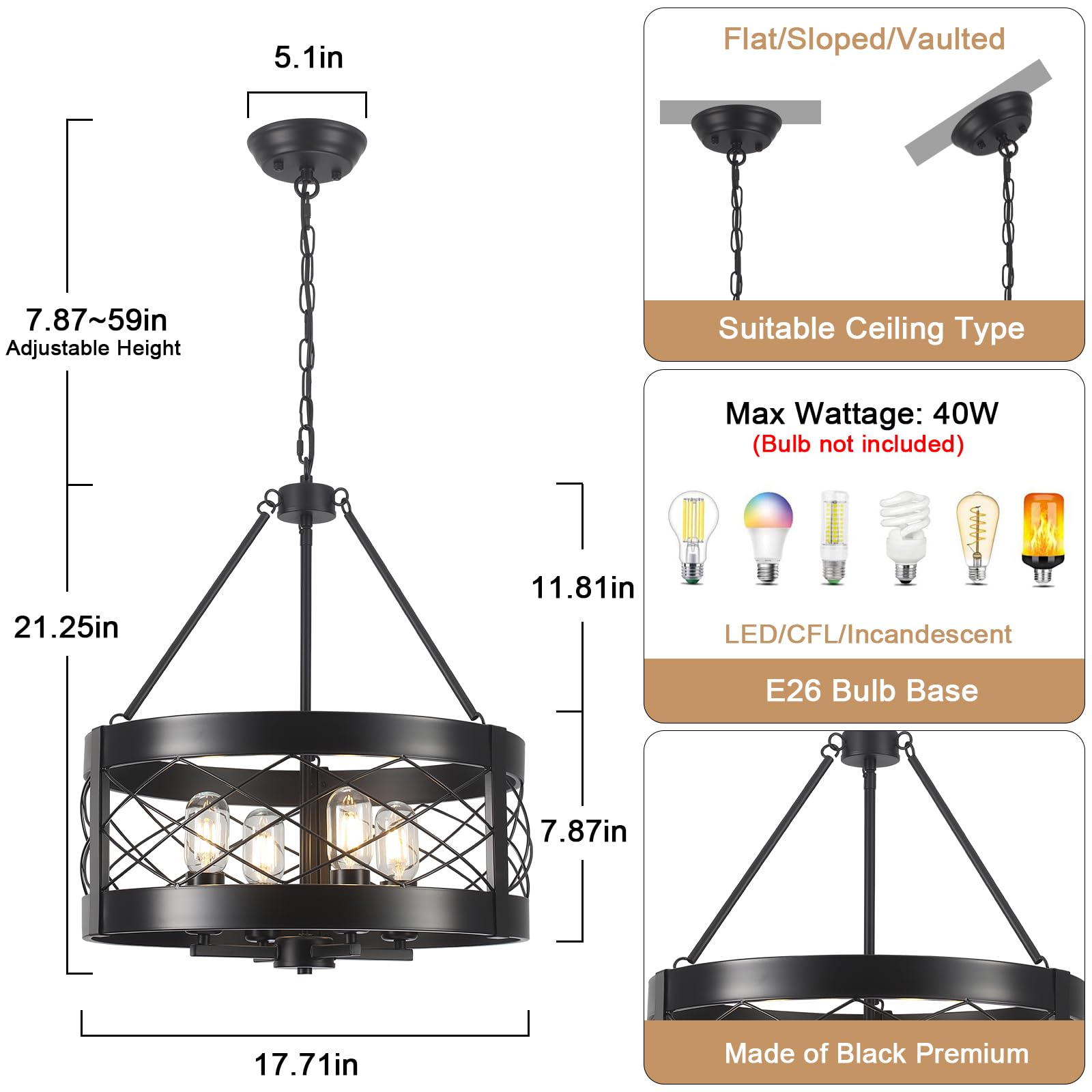 Kostomo Farmhouse Chandelier 4-Light Adjustable Dining Room Light Fixture Kitchen Island Lighting Drum Rustic Hanging Lights For