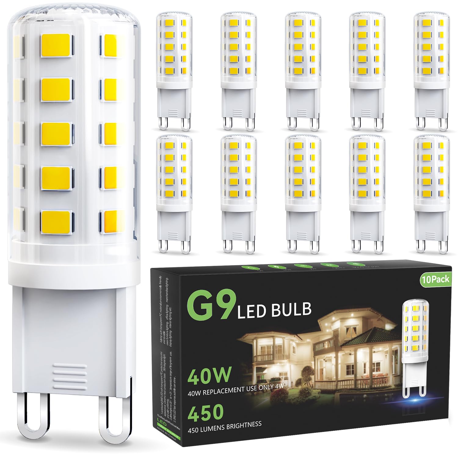 Volivo 10 Pack G9 Led Bulb 4W, Daylight White 6000K, 40 Watts Halogen Replacement T4 G 9 Bi Pin Base, Non-Dimmable No Flicker 12
