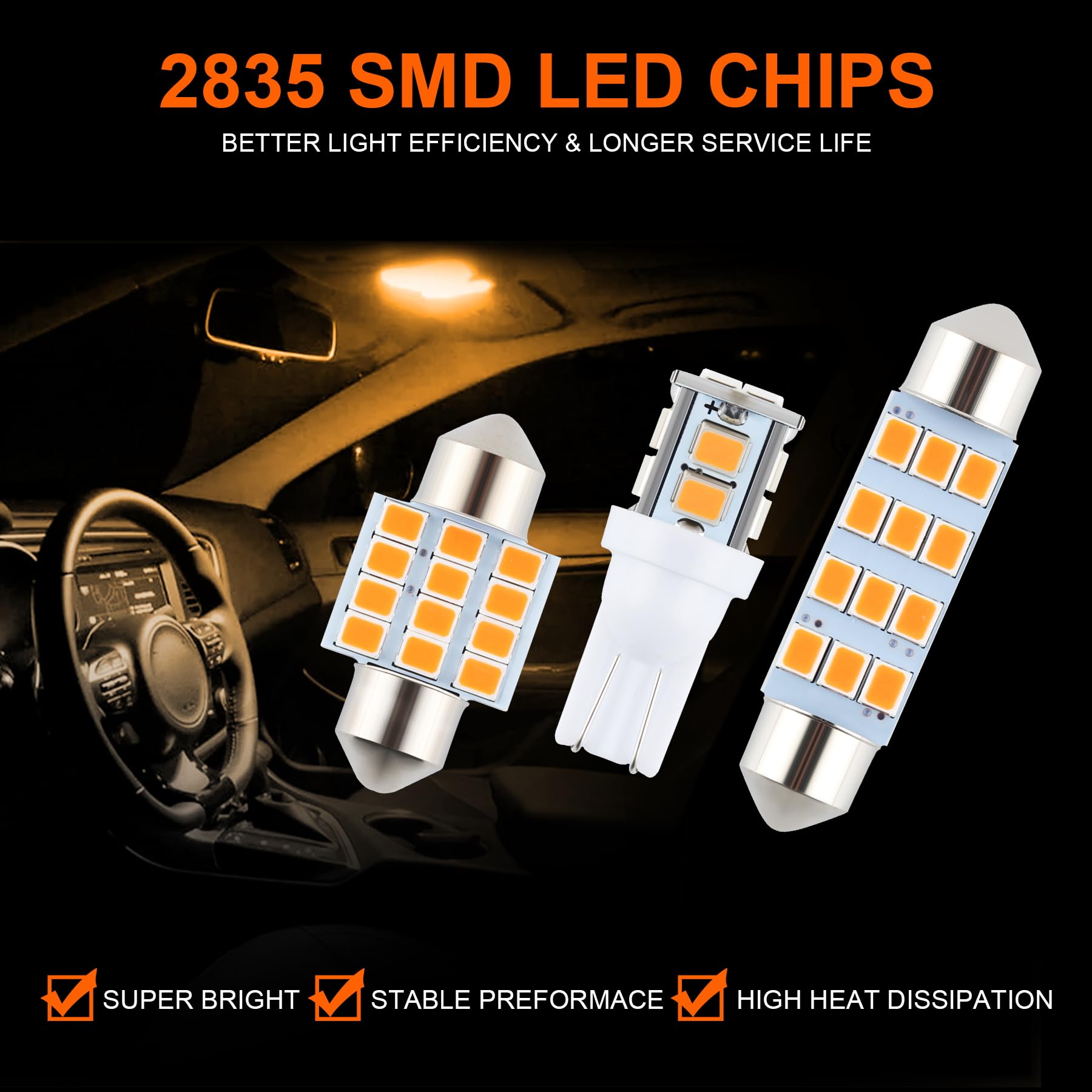 iFunyLED 24-Piece Dome Light LED Bulb Kit - Amber Replacement Lights for Car Interior, Map, License Plate, and Trunk