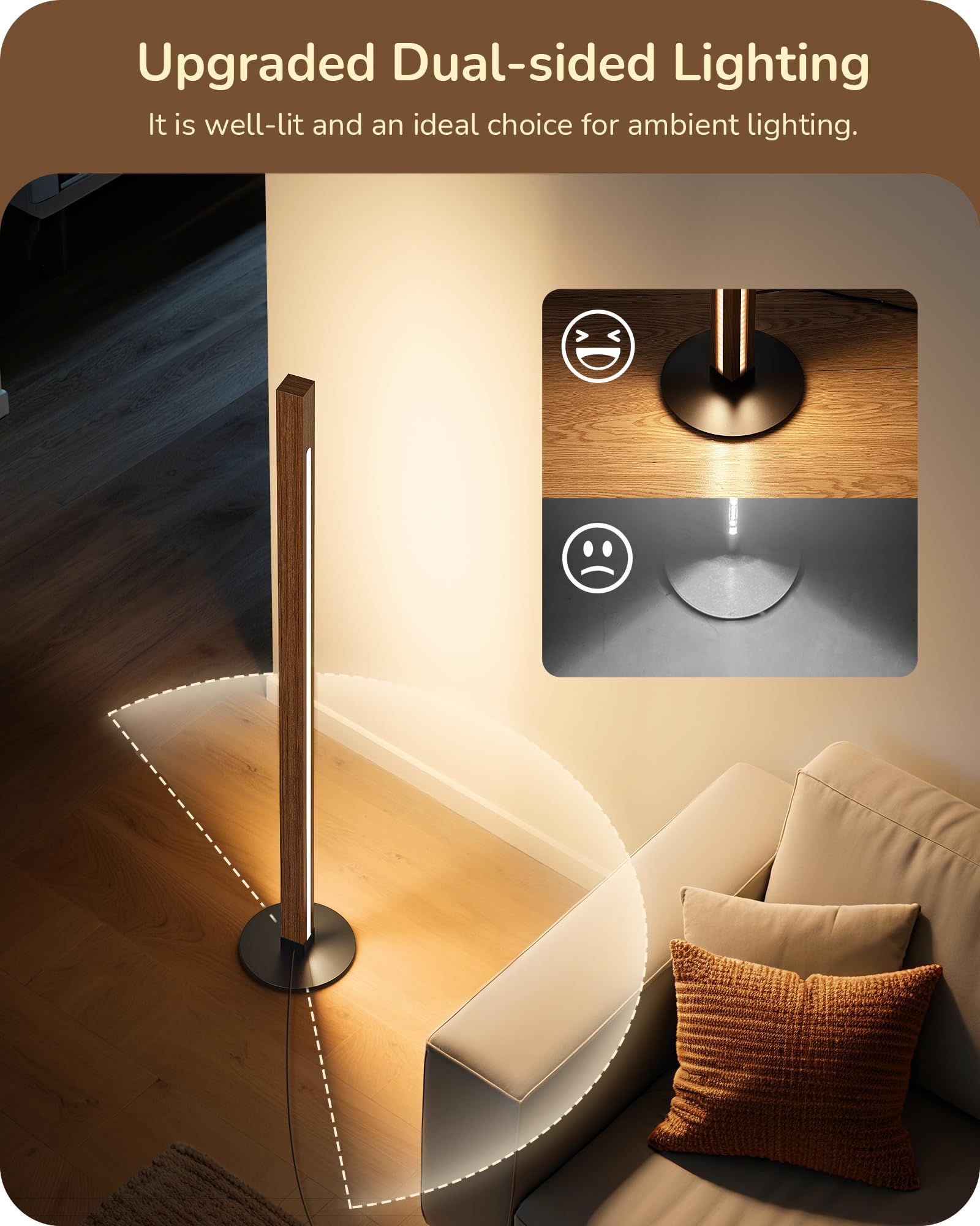 EDISHINE Wood Floor Lamp - Dual-Sided Lighting, Dimmable, Remote/Foot Control, Minimalist Design, Walnut Wood, Light Brown, Model HLFL12A