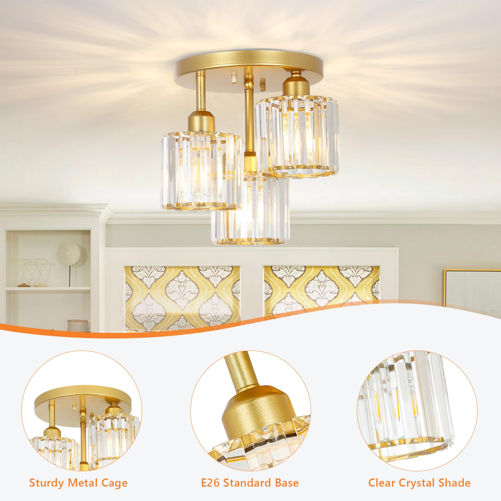 Pauful Modern Semi Flush Mount Ceiling Light,3-Light Golden Crystal Close To Ceiling Light Fixtures,Kitchen Light Fixtures With