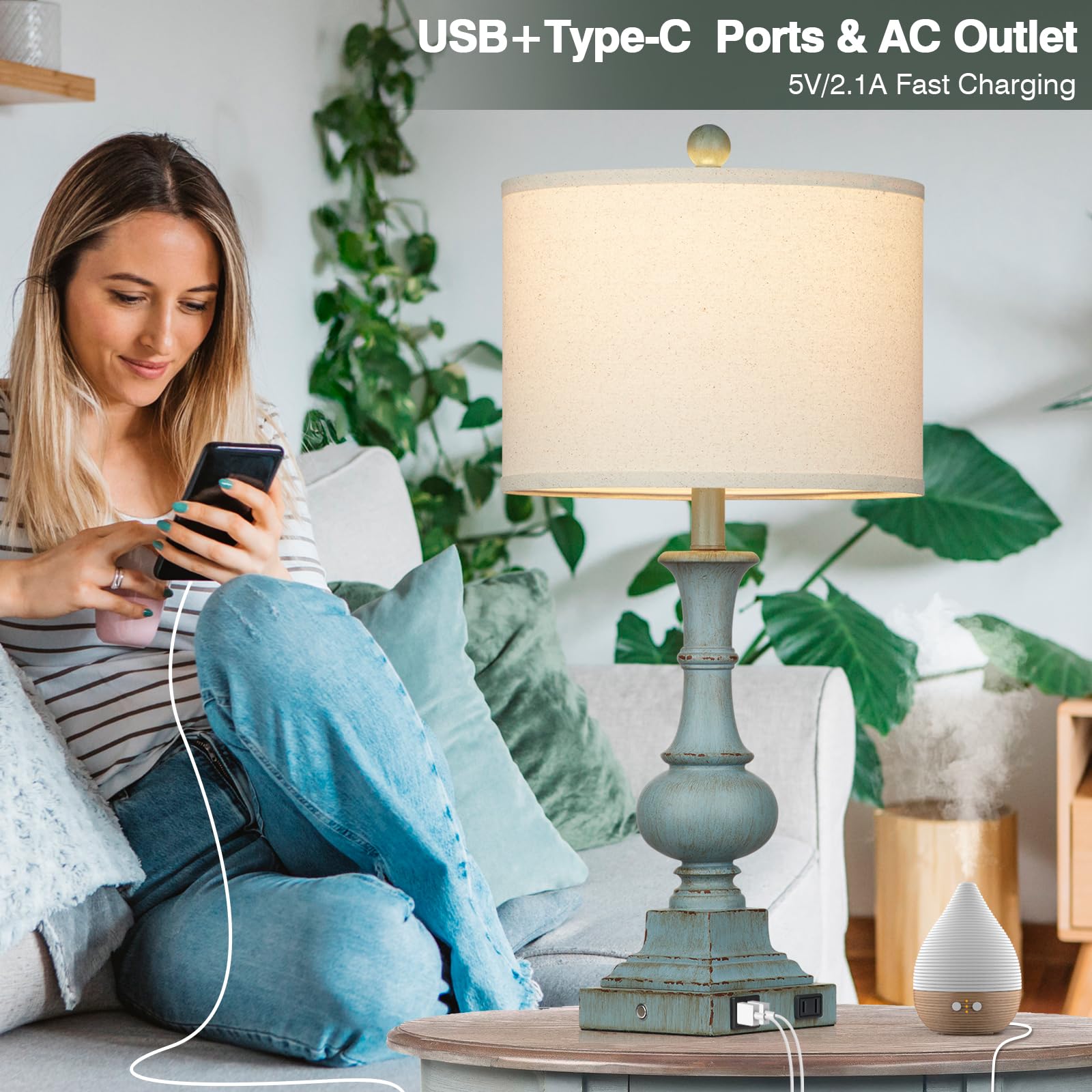 Lolikit Farmhouse Table Lamps Set of 2, 26" Vintage Blue Touch Control Dimmable Bedside Lamp with USB Ports & AC Outlet, LED Bulbs Included