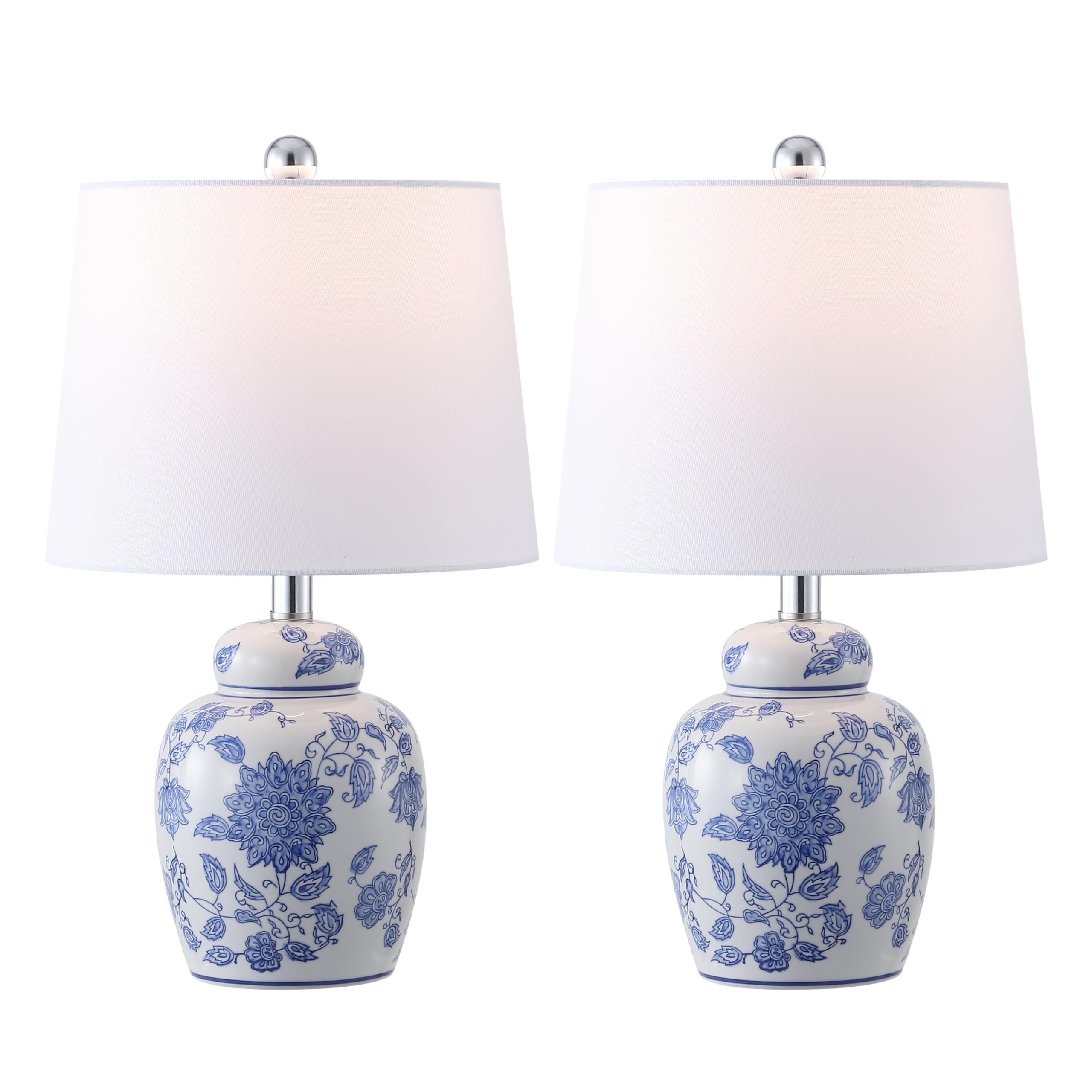 SAFAVIEH Lighting Collection - Sandra White & Blue Ceramic Table Lamp Set of 2, 20 Decorative Accent Lights with Fabric Shades, 