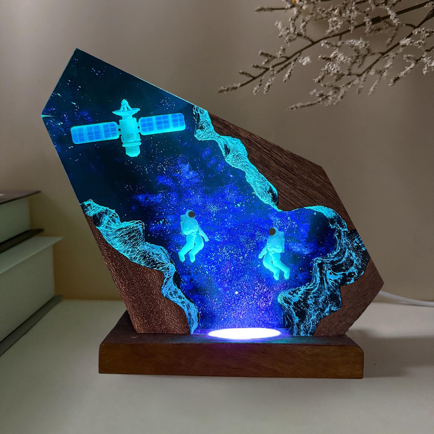 MASDEC Handcrafted Astronaut Resin Lamp, RGB Galaxy Light with Wood Base USB Charging, Space Themed Bedroom Decor, Astronomy Gif