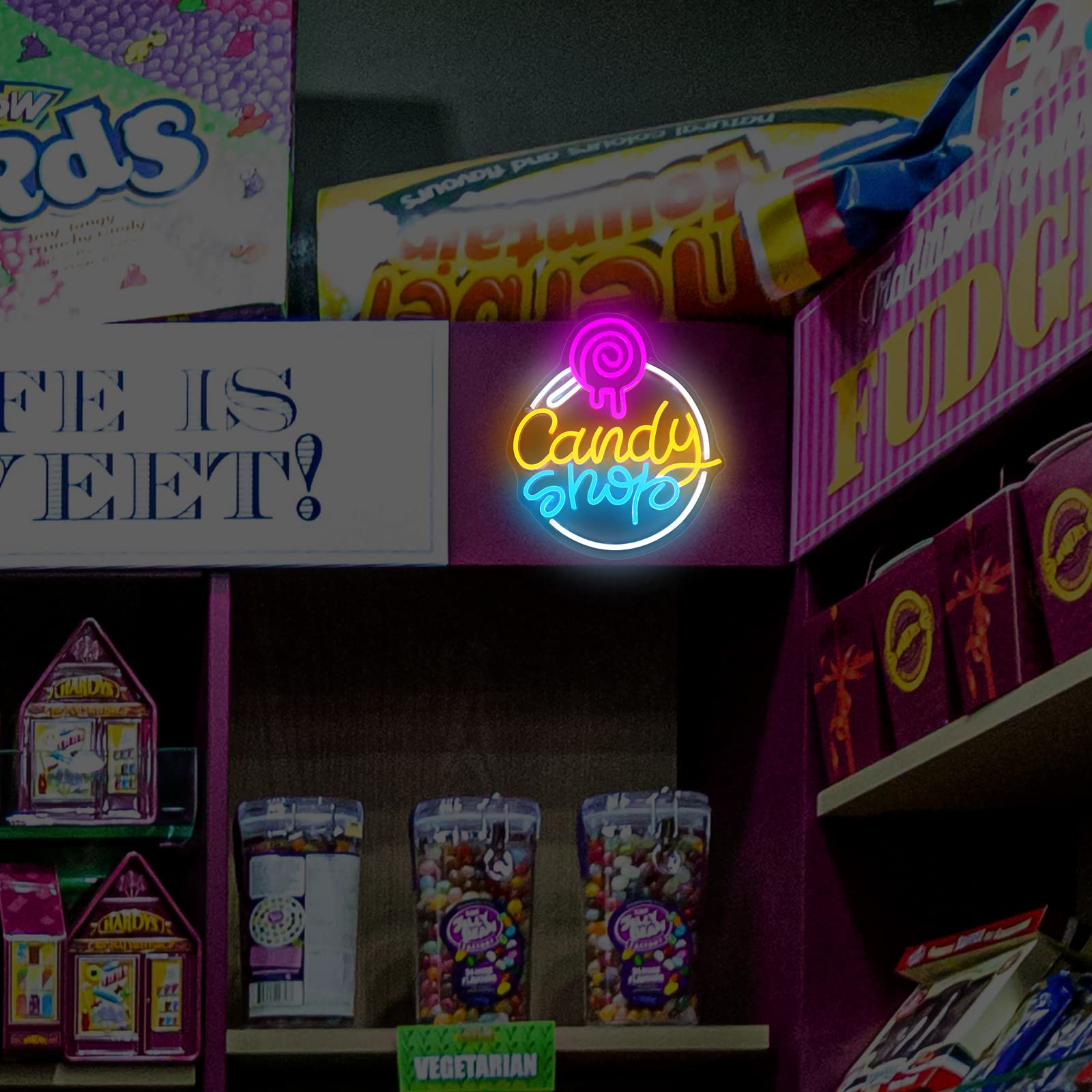 Moodlion Neon Sign for Wall Decor, Dimmable LED Lollipop Store Light, 15.1x12.6 IN, Candy Color, Acrylic Material