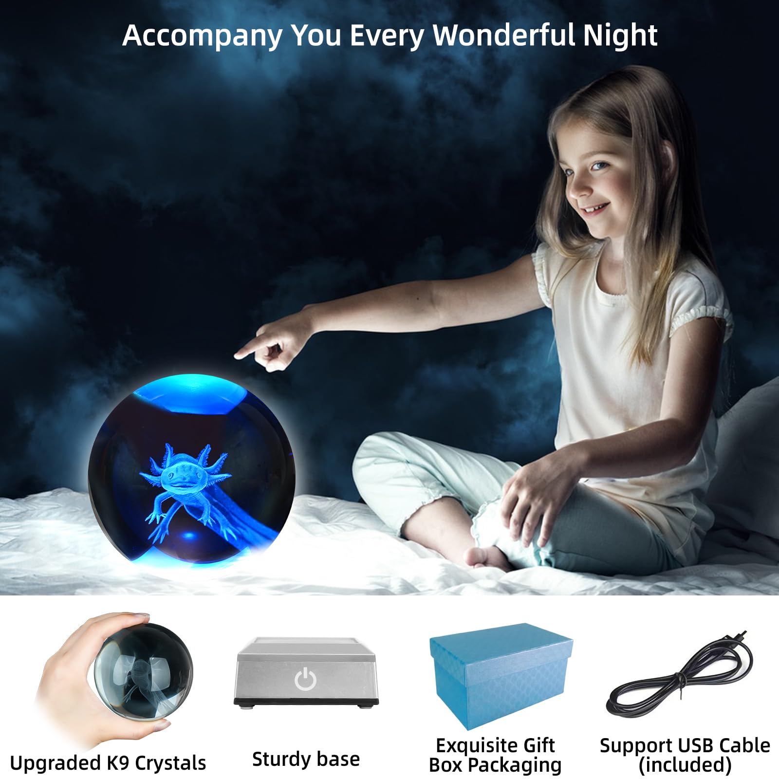 3D Axolotl Crystal Ball Night Light 3.15 Inch Glass Ball Table Lamp With Color Changing Touch Base Decor Ideal Axolotls Gifts Fo