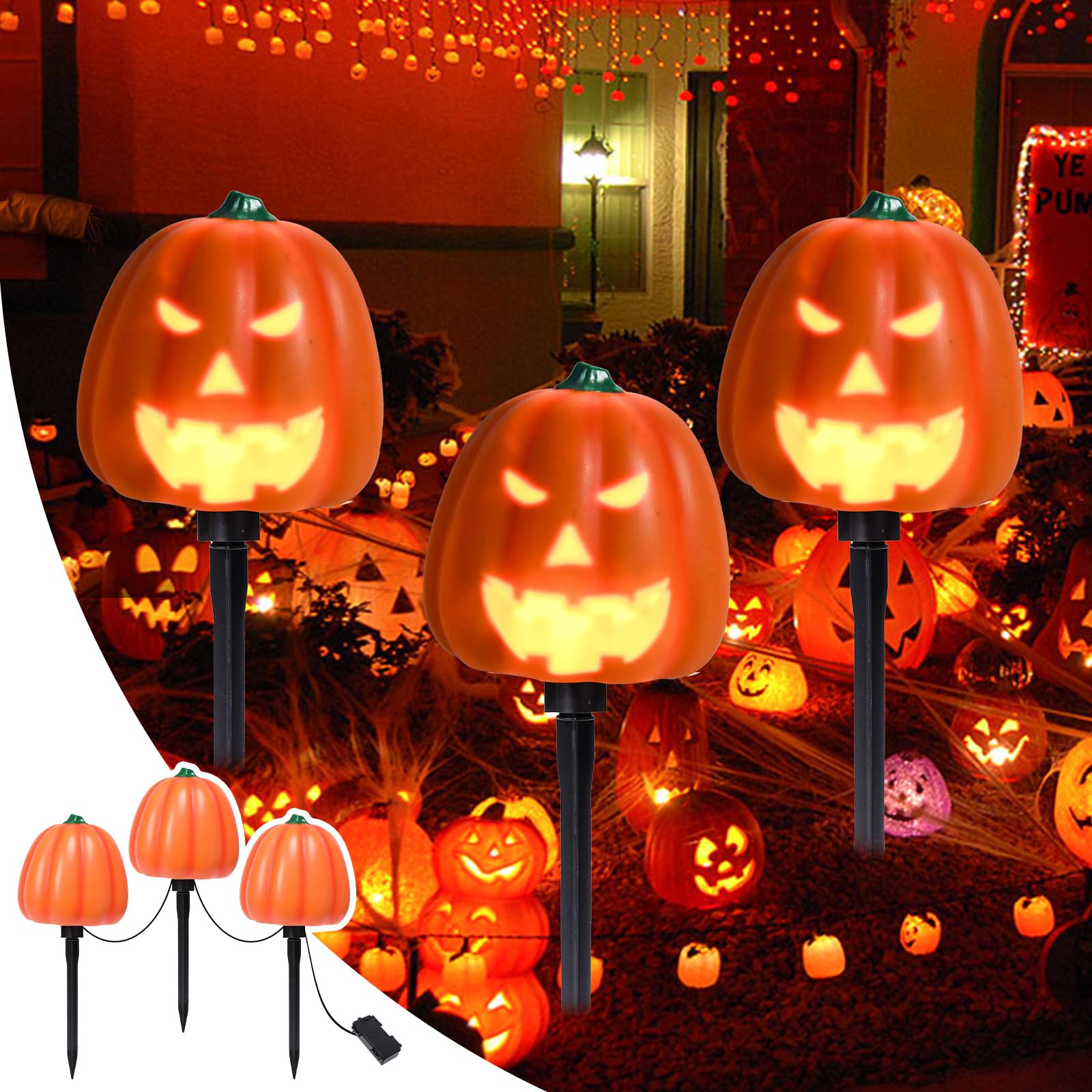 Afirst Halloween Pumpkin Pathway Lights with Animated Faces, Multi-colored, Model 830, Outdoor Garden Decor
