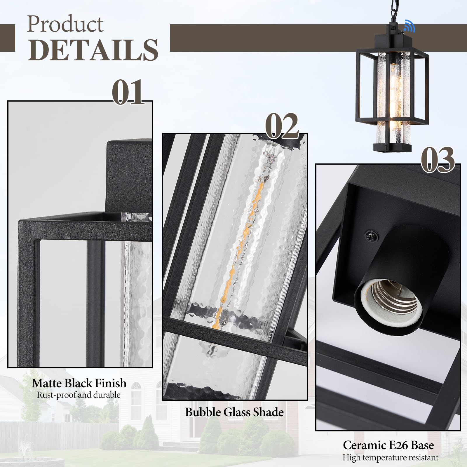 Osimir Outdoor Pendant Light Fixture, 16'' Dusk To Dawn Exterior Chandelier Porch Hanging Light With Bubble Glass, Modern Black