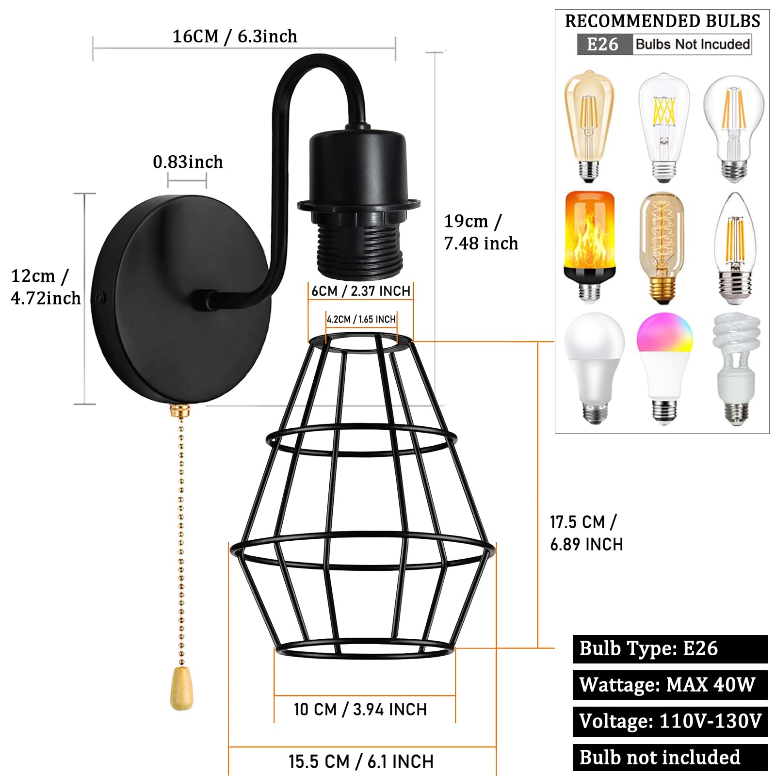 DTIEDY Wall Sconce Light Fixture, Black Metal Wire Cage, 1-Light Hardwired, Vintage Farmhouse Design for Bedroom, Living Room, Kitchen