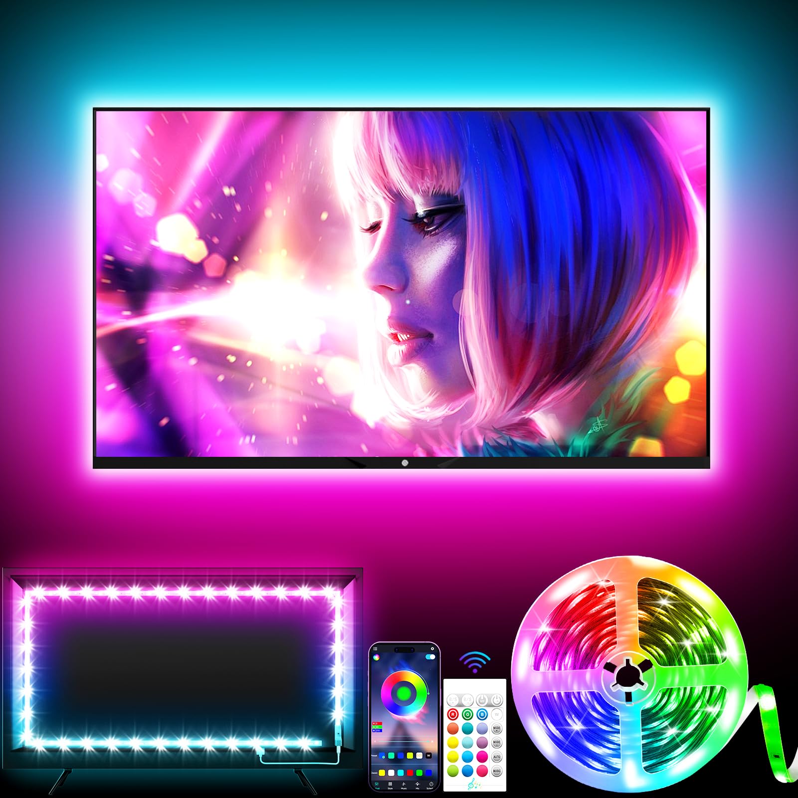 Kantutoe 9.84Ft Rgb Tv Led Backlight With Music Sync, Bluetooth App & Remote For 32-43&quot;