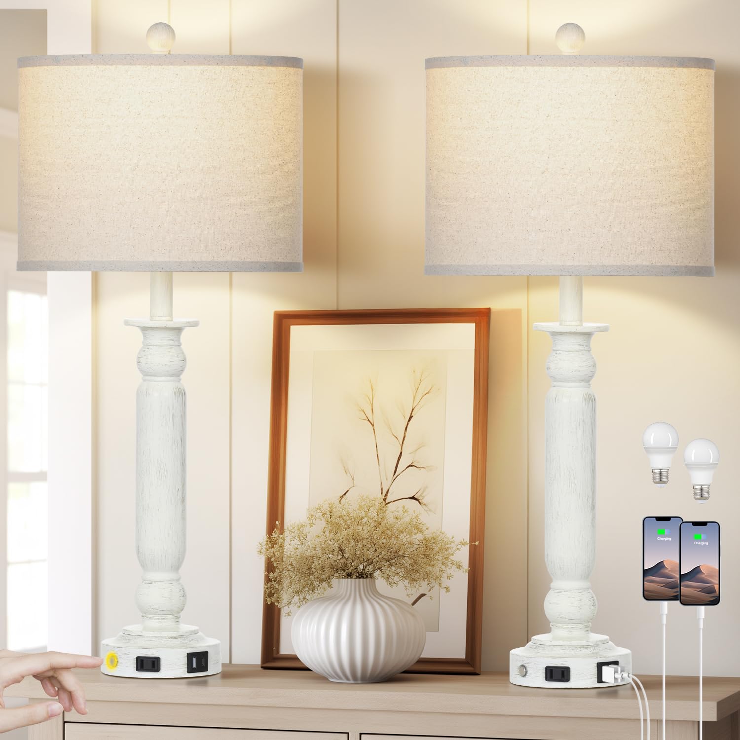 Rinweey 28.5'' Farmhouse Table Lamps for Living Room Set of 2, 3-Way Dimmable Touch Lamps, Table Lamp with USB C+A Ports, Bedsid