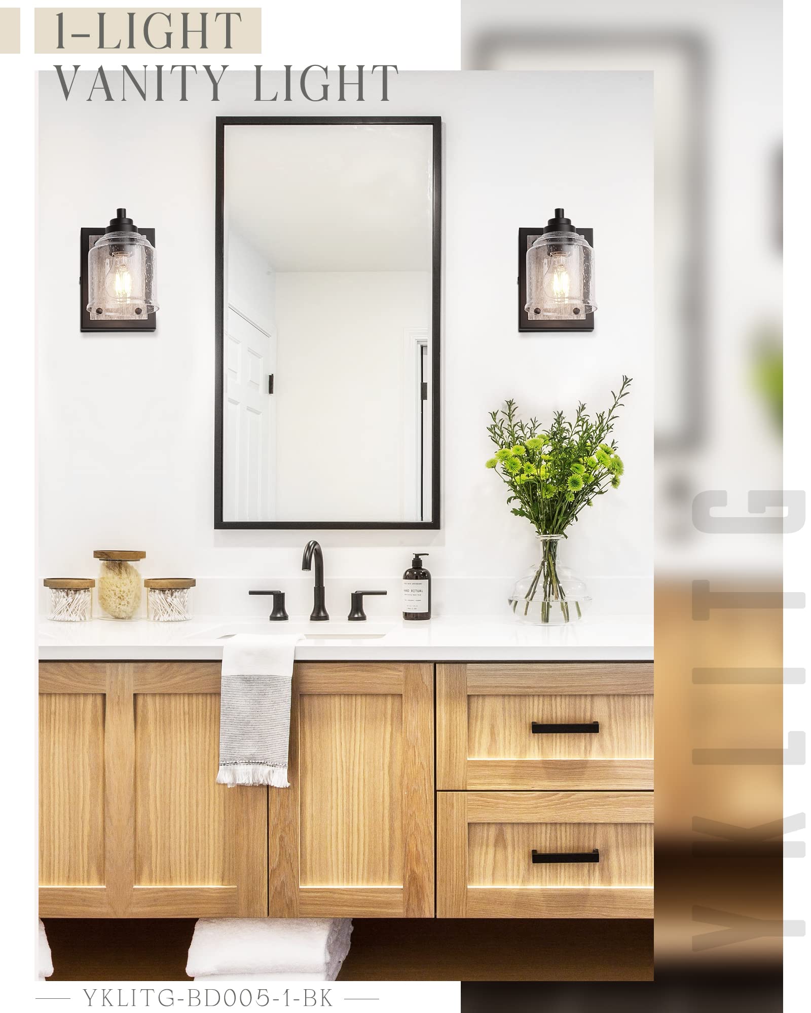 YKLITG 5in Farmhouse Bathroom Vanity Light, 1-Light Grey Metal Sconce with Bubble Glass Shade, Model BD005-1-BK