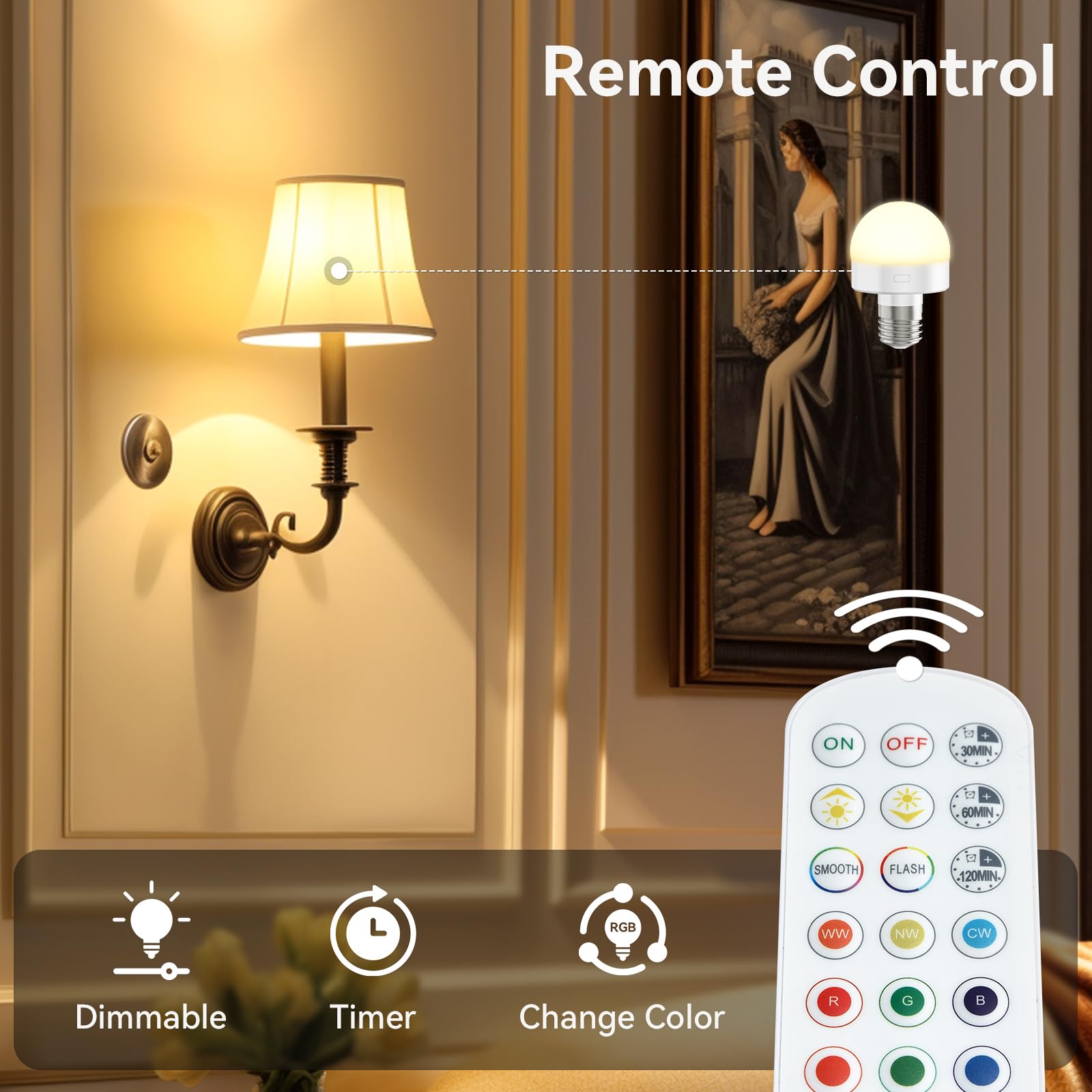 Funlenry Rechargeable Light Bulbs With Remote - E26 Battery Operated Light Bulb For Non-Hardwired Wall Sconces, Pendant Lights E