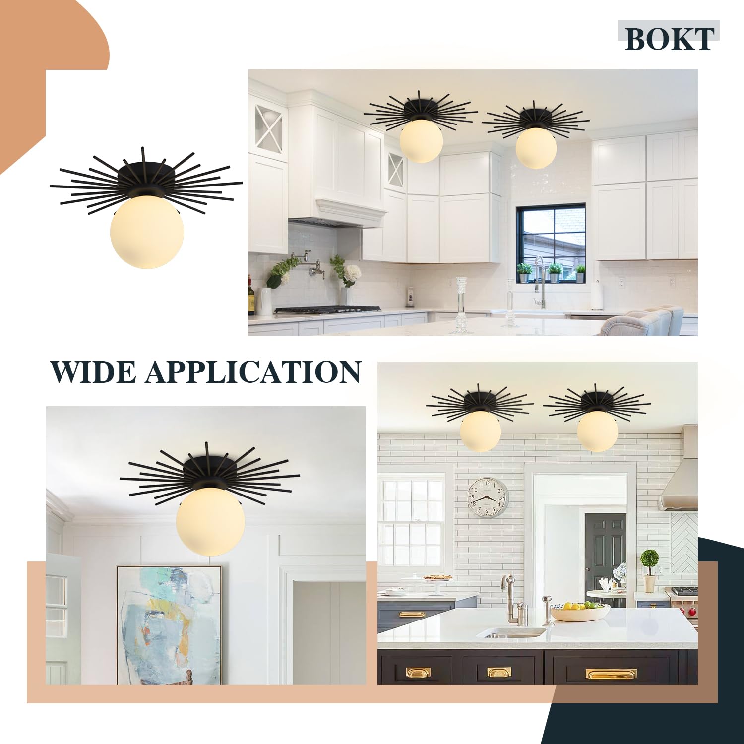 Bokt Modern Black Semi Flush Mount Ceiling Light Milk Glass Globe Ceiling Light Fixture Industrial Close To Ceiling Light Vintag