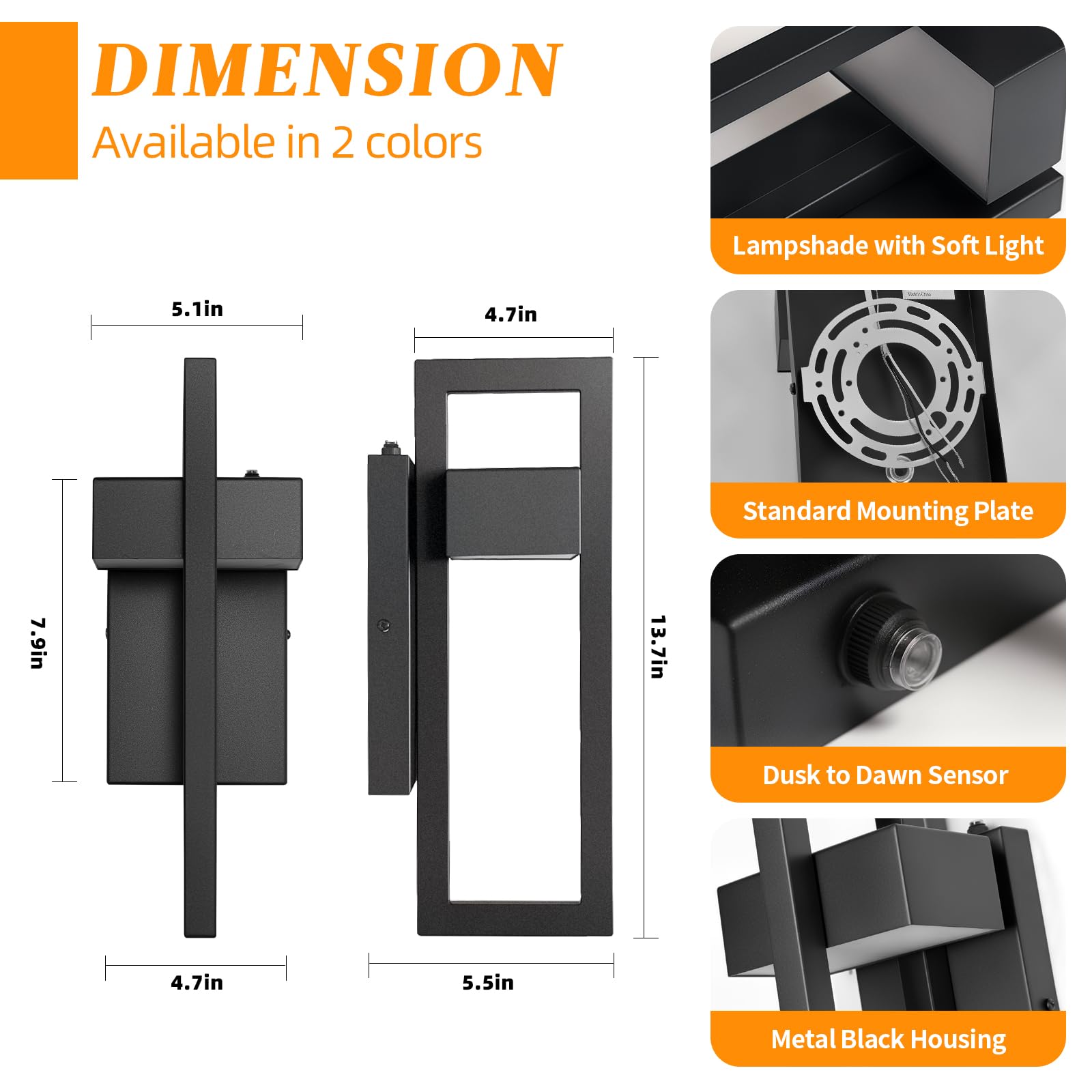 tewei LED Outdoor Wall Sconce, Dusk to Dawn Lighting, 3000K Warm White, Black, 2 Pack, Metal Exterior Fixtures