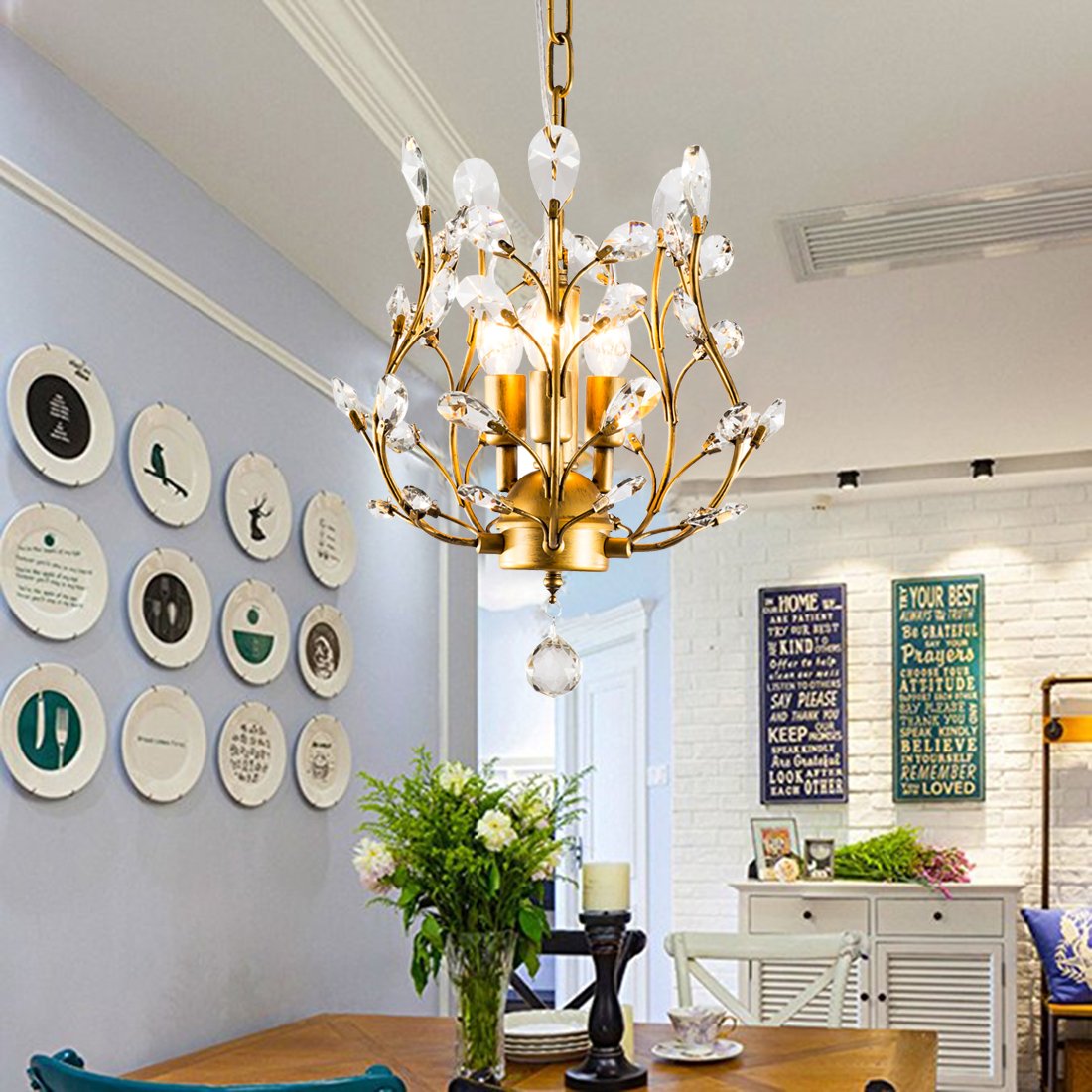 Garwarm 3-Light Crystal Chandelier, Iron and Crystal Ceiling Light Fixture, Gold Finish for Living Room, Bedroom, Restaurant, Porch