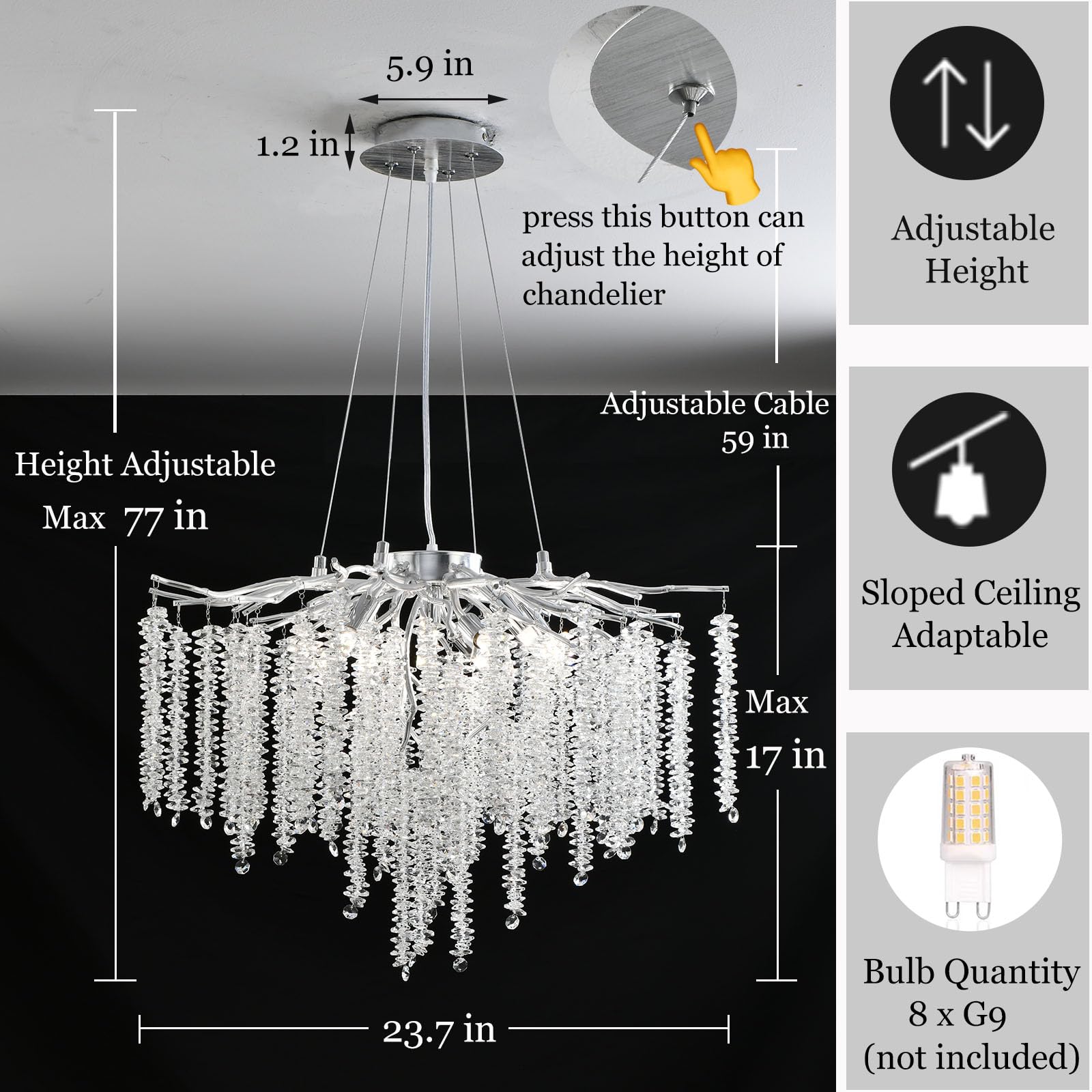 Upfelw Modern Crystal Tree Branch Chandelier, D23.7'' Silver Round Raindrop Indoor Hanging Pendant Light Fixture For Dining Room