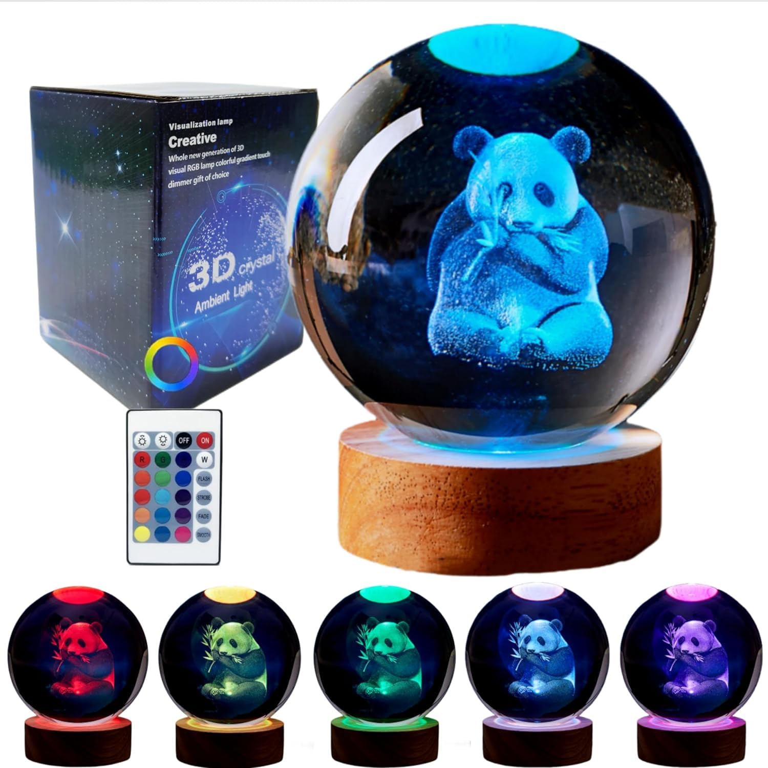 Janarary Large 3D Panda Crystal Ball Night Light, Panda Figurines In Crystal Lamp 16 Color Changing With Remote Control For Bedr