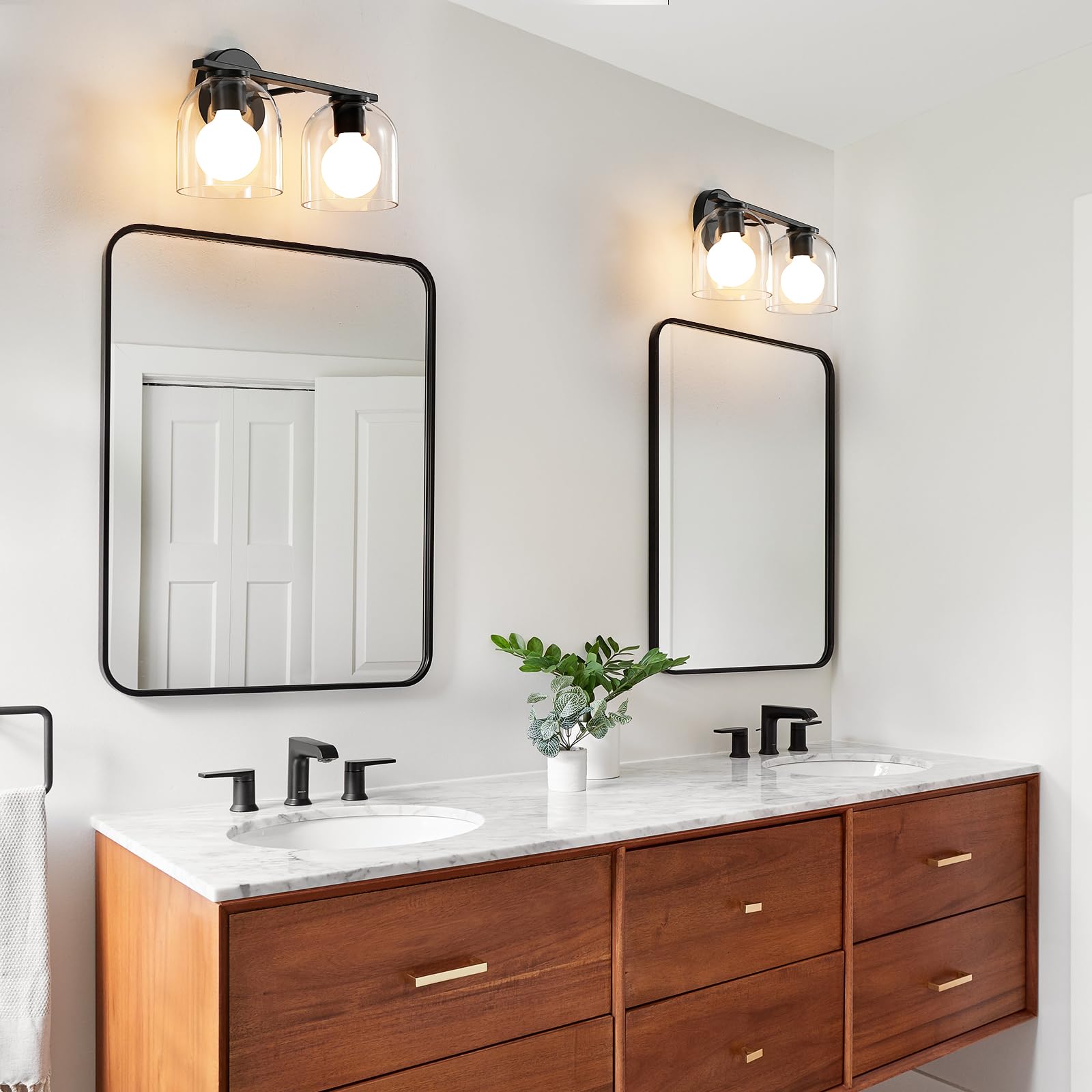 WOSHITU Bathroom Vanity Light Fixtures 2-Light Matte Black Aluminum Over Mirror, Model 8202 with Clear Glass Shade, 14.2 Inch