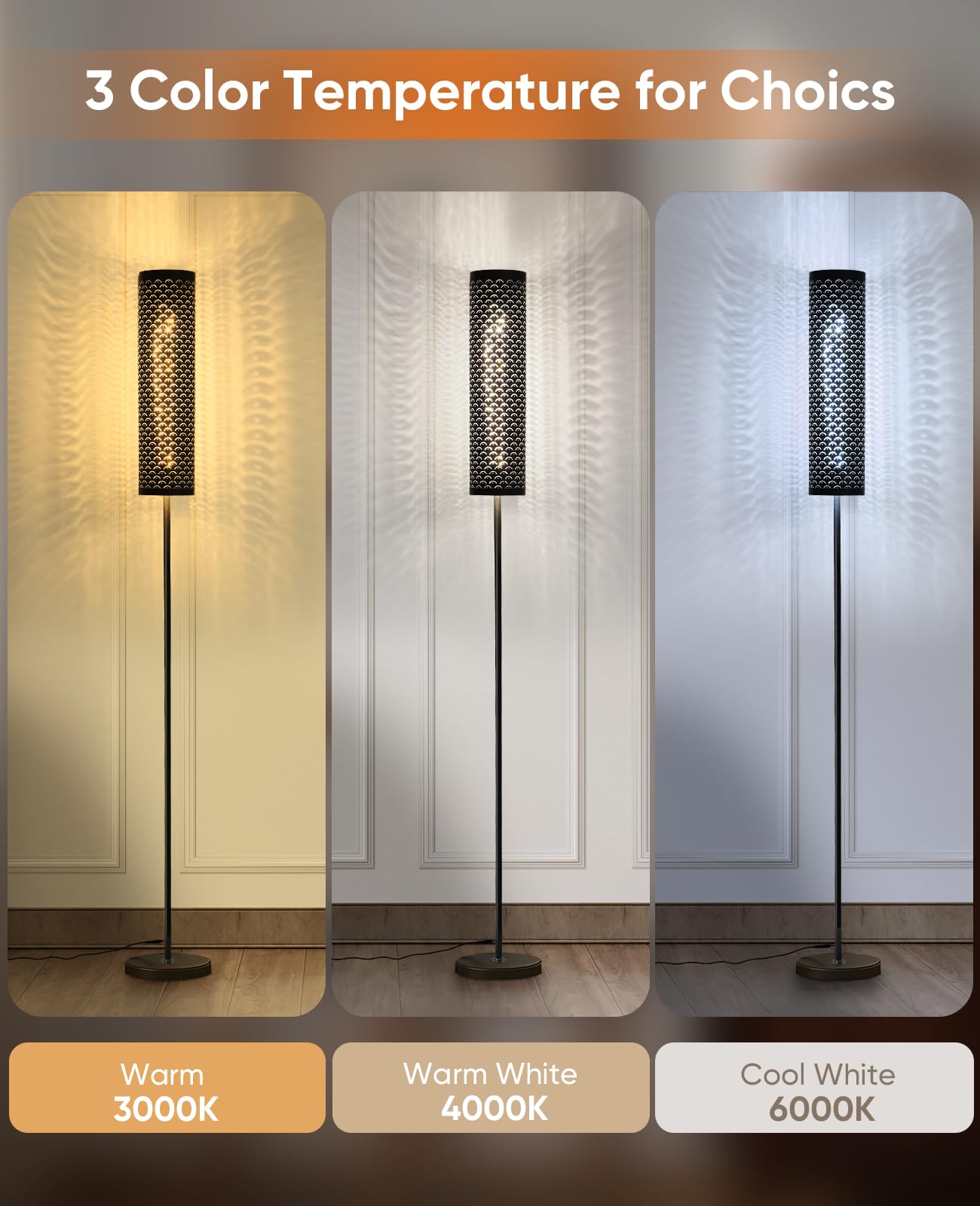 VOUTOOR Industrial Modern Floor Lamp, Dimmable, Remote Control, Fabric Shade, Black, Model FL241008