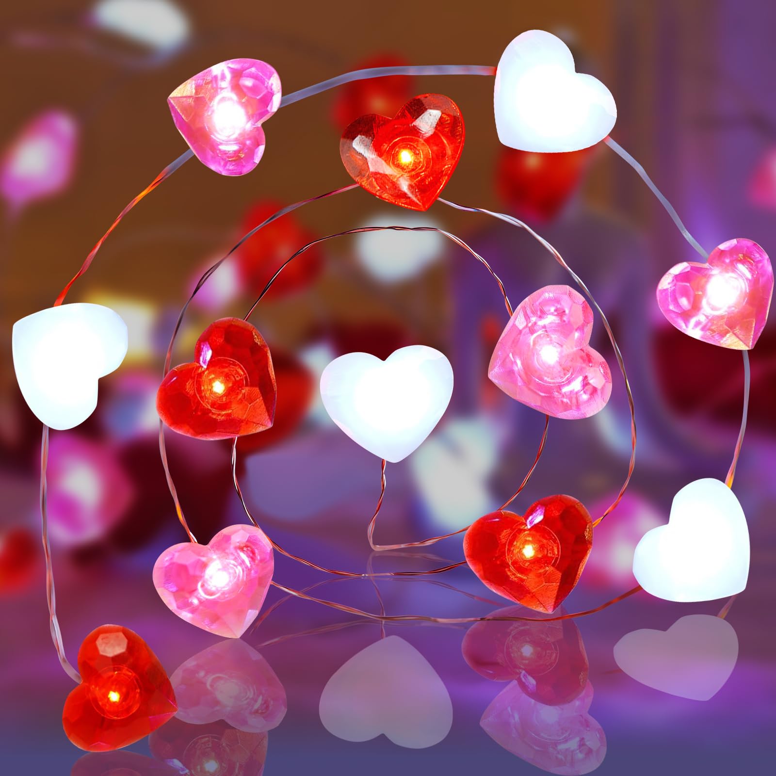 Valentines Day Heart Fairy Lights-14.4Ft 40Led Battery Powered Red Pink White Heart Twinkle String Lights With 8 Modes Timer Rem