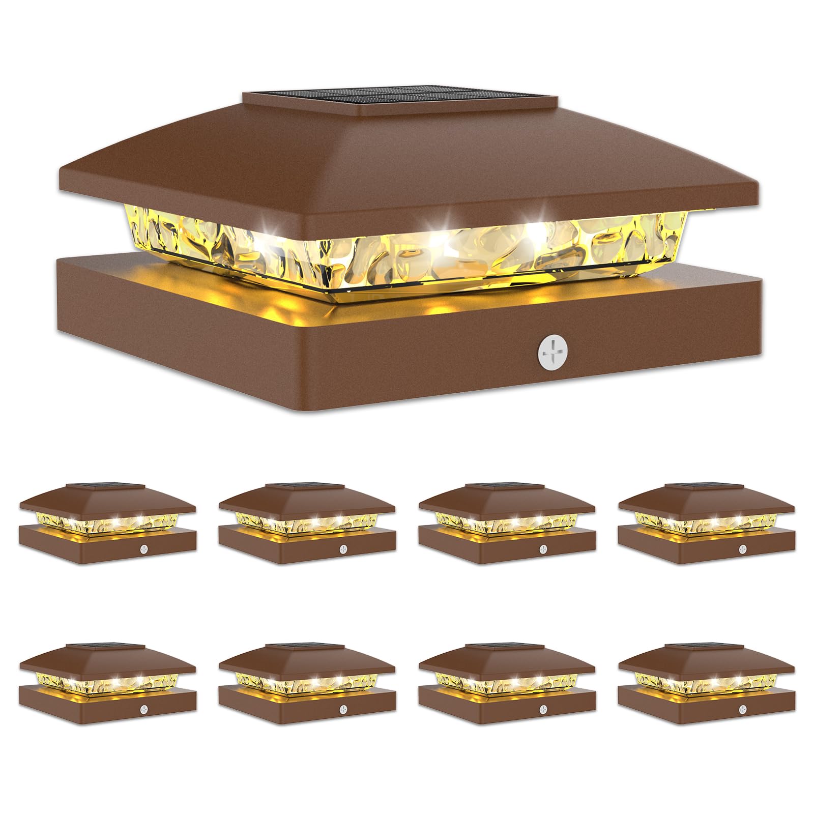 VOLISUN 4x4 Solar Post Cap Light 8pack,Solar Fence - Post Lights Brown Outdoor Waterproof for Wooden/Vinyl Post, with Warm White