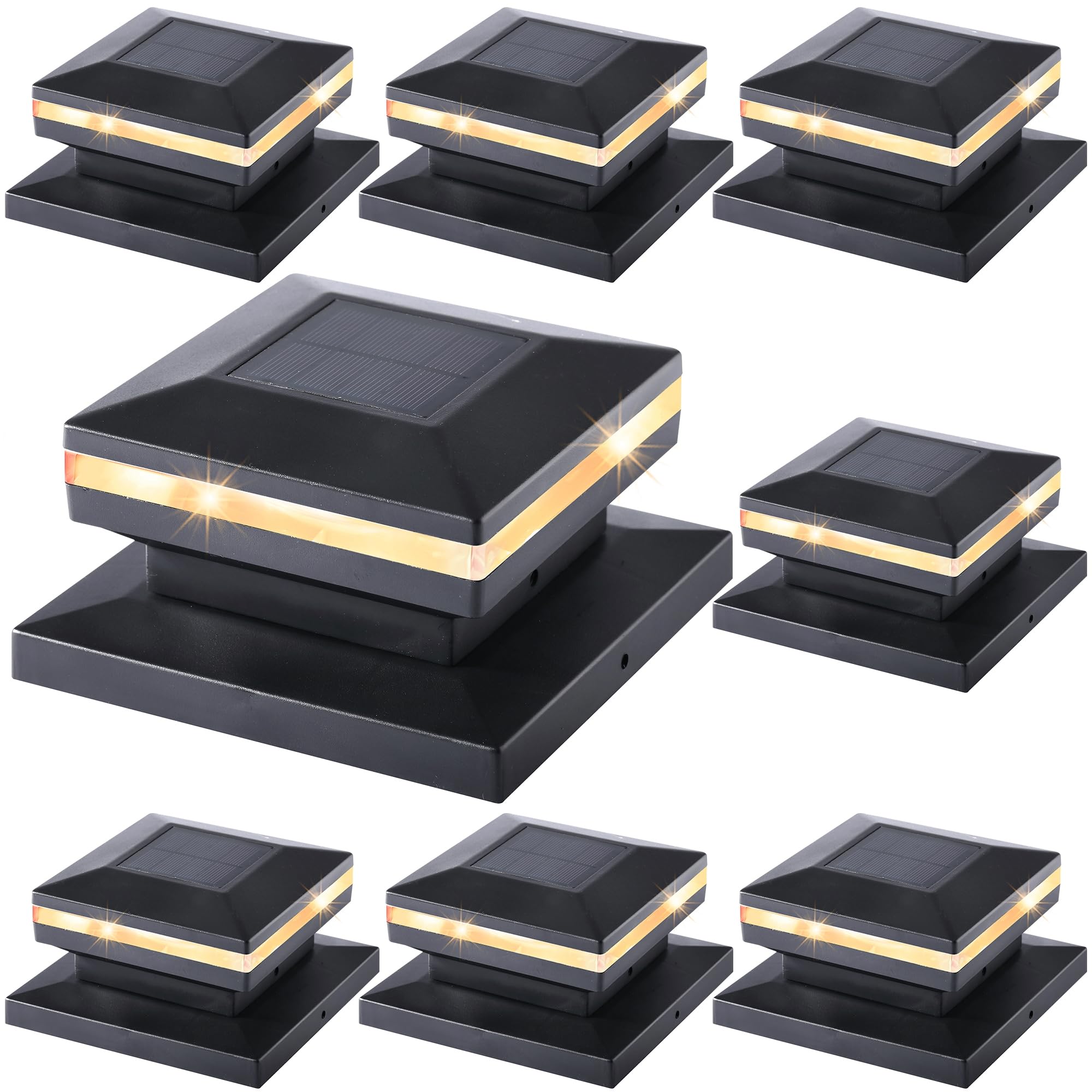 Dynaming 8 Pack Solar Post Lights, Outdoor Decorative Post Cap Light, Solar Powered Black Shell Caps, Brightness Warm White LED 