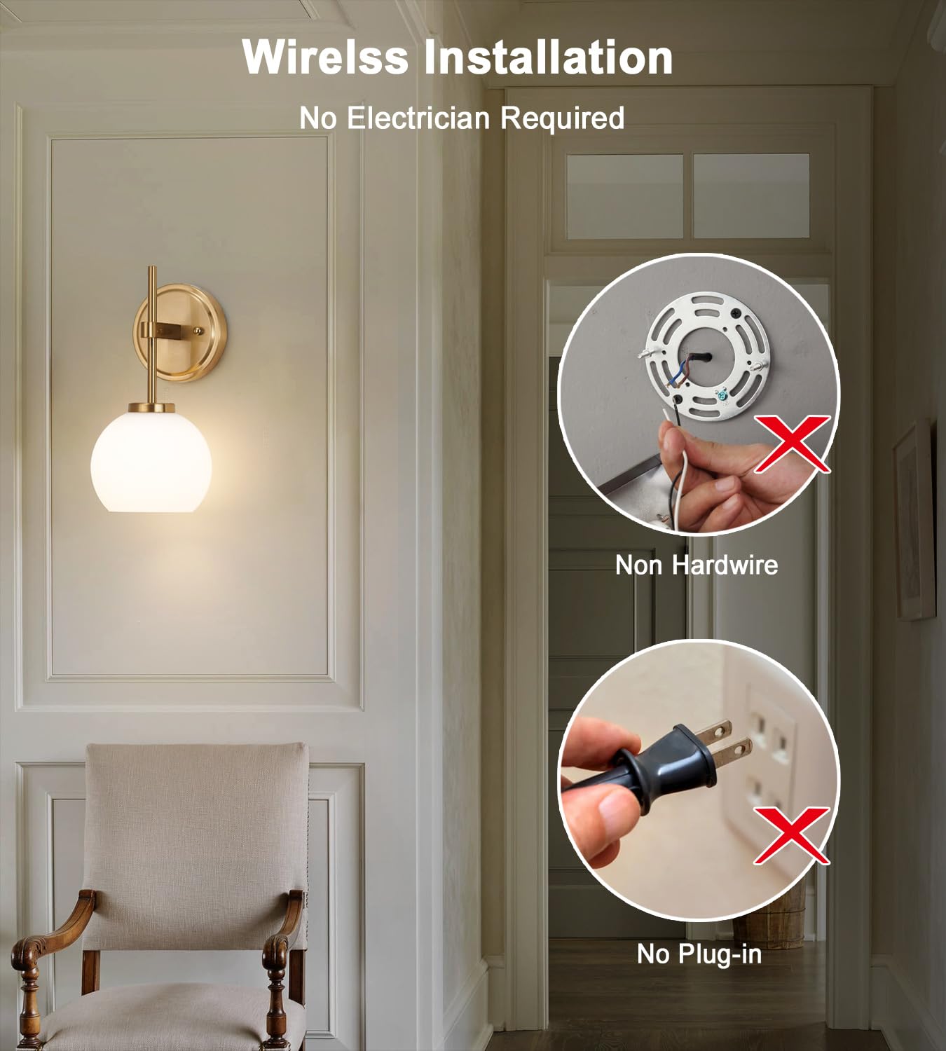 SANTOSTOCK Gold Battery Operated Wall Sconce Set of 2, Wireless LED Lights with Remote, Opal Glass Shade, RGB Colors, Model SSW022G1-2C