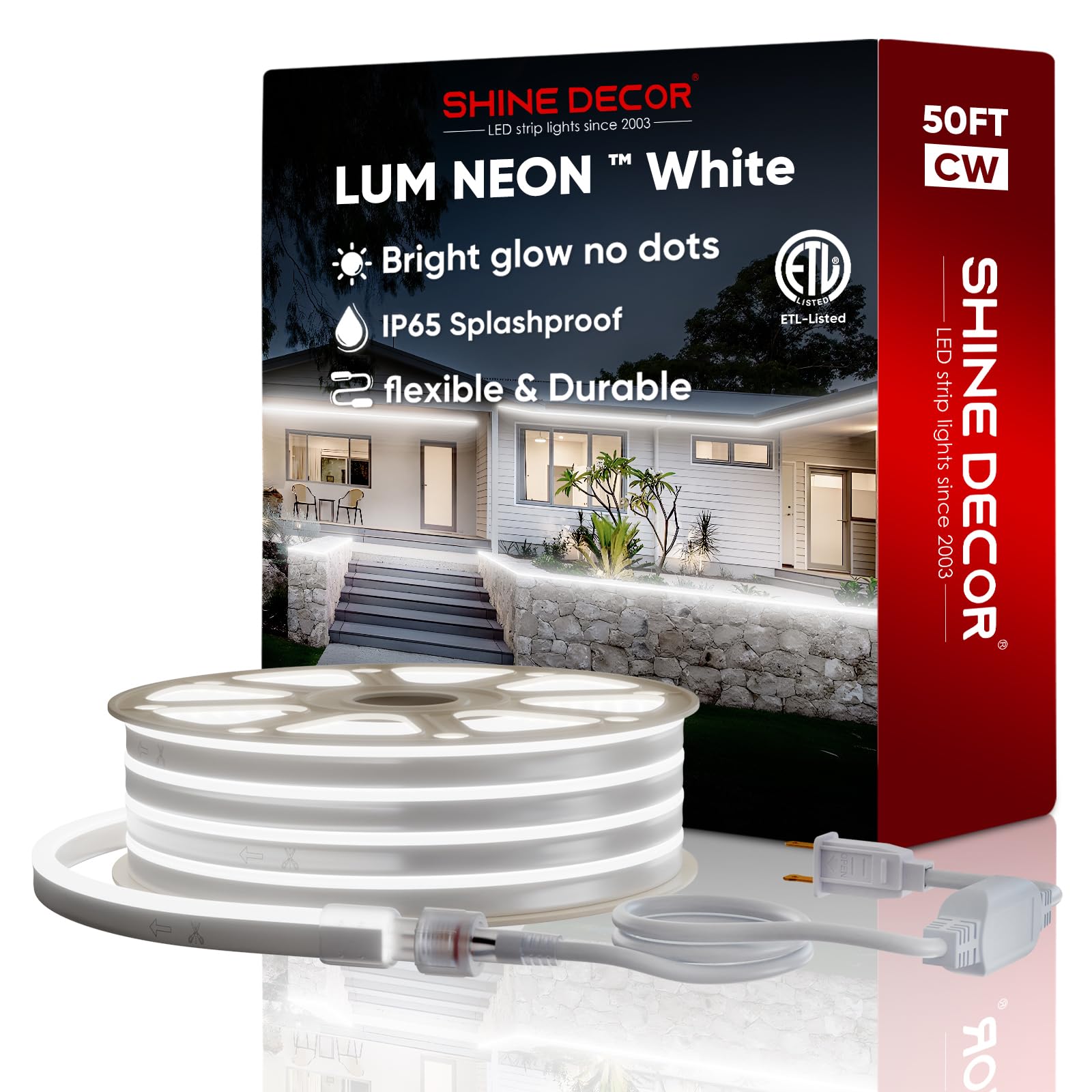 Shine Decor LED Neon Rope Lights AC 120V, Expandable & Cuttable 120LEDs/M Bright Strip Lighting, ETL Cold-Resistant & IP65 Waterproof for Indoor Outdoor, 8x16mm, 6300K Cool White, 50ft