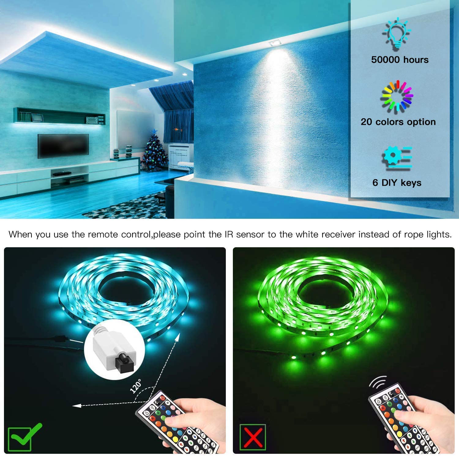 TJOY LED Strip Lights 50ft RGB Color Changing with 44 Key Remote Control, Vinyl Material, Model TA22R1504475-2