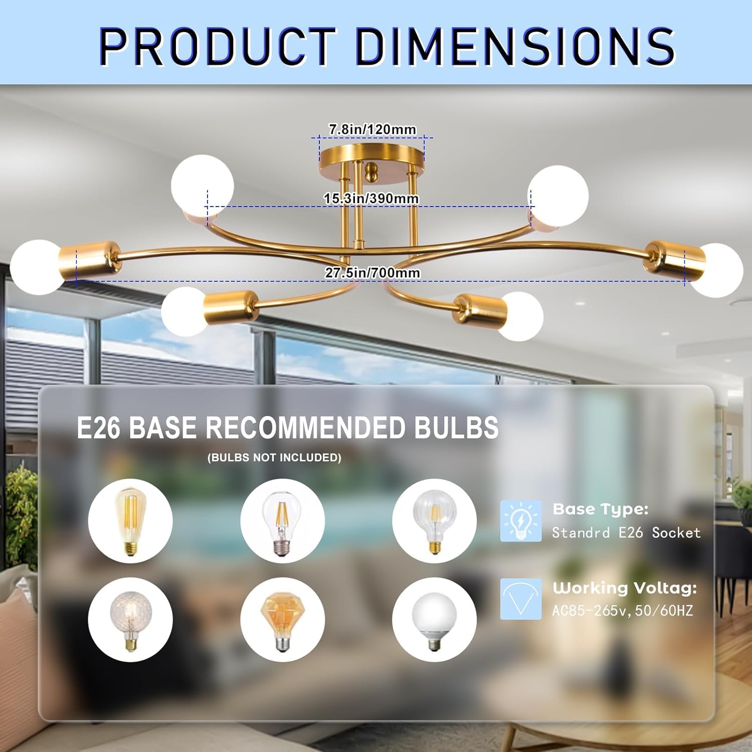 Frixchur Gold Sputnik Chandelier Ceiling Light Fixture, 6-Light Mid Century Industrial Metal Flush Mount Ceiling Lights Modern B