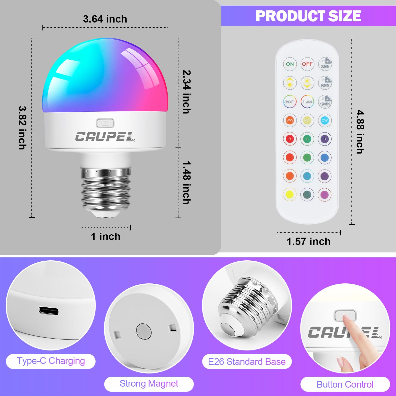 Caupel RGBCW Rechargeable LED Light Bulbs, E26, 60W Equivalent, 500 Lumens, 3 Color Temperatures, 2 Pack, Model RB-05