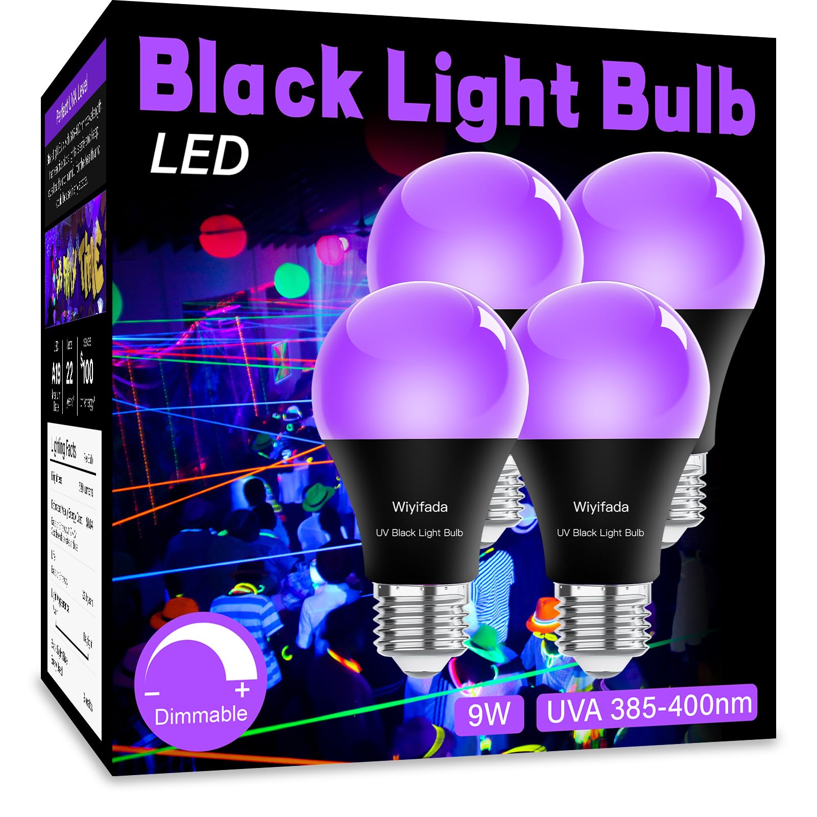 Wiyifada 10W Black Light Bulbs 4 Pack, E26 Base, Uva 385-400Nm, Glow In