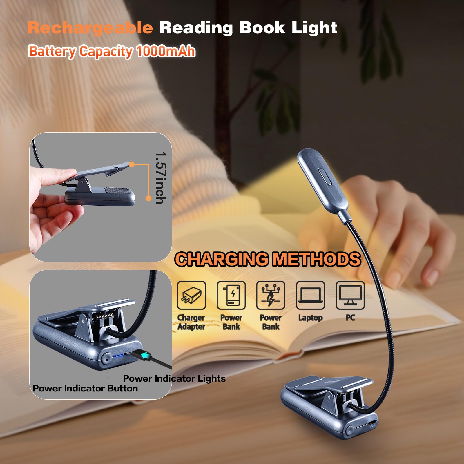 VAVOFO Rechargeable Book Light 7 LED Eye Care Lamp, 9-Level Warm Cool White, Metallic Grey, Model KM-6720
